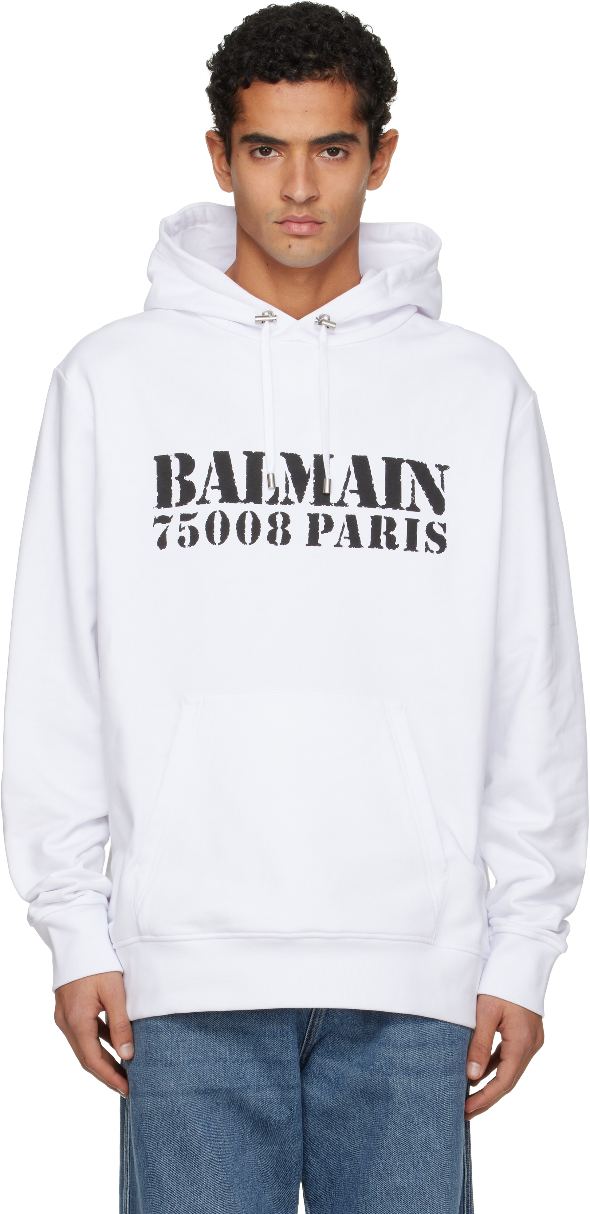 Balmain Stamped Cotton Hoodie Pocket In White