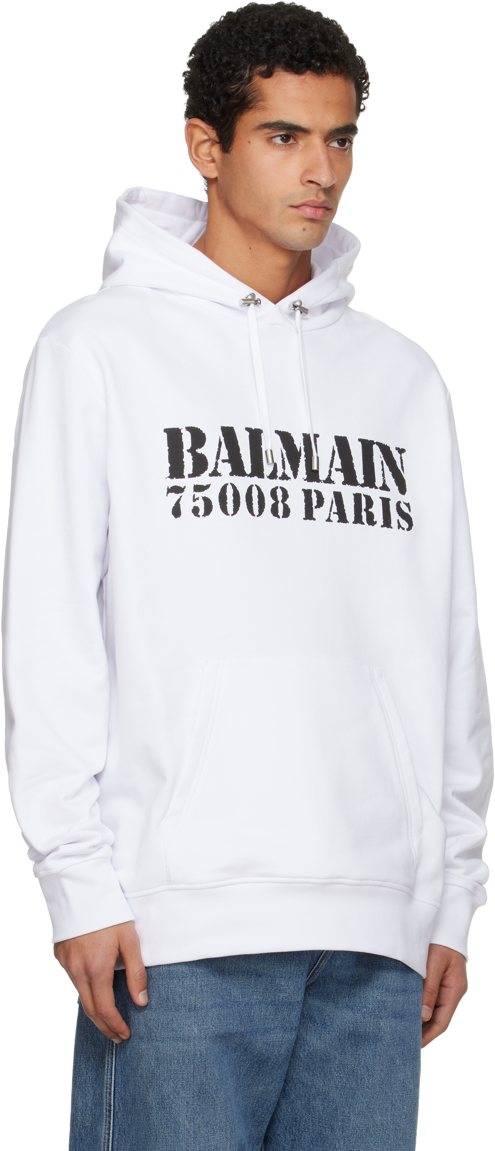Balmain Stamped Cotton Hoodie Pocket In White