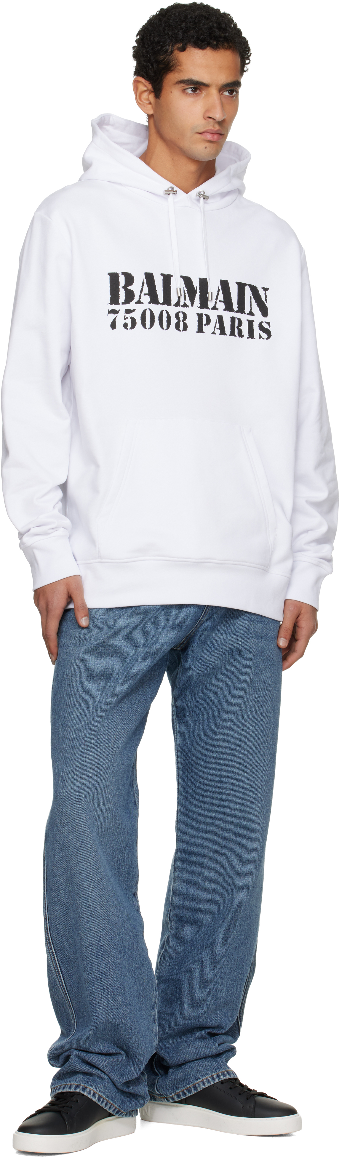 Balmain Stamped Cotton Hoodie Pocket In White