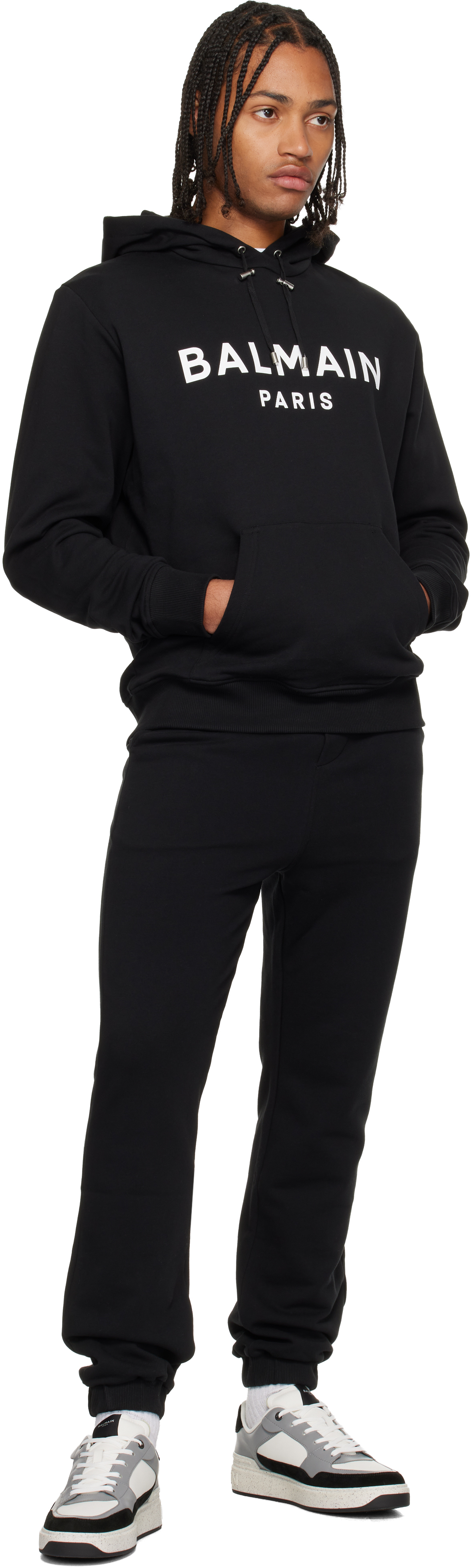 Balmain Logo Printed Drawstring Hoodie In Black