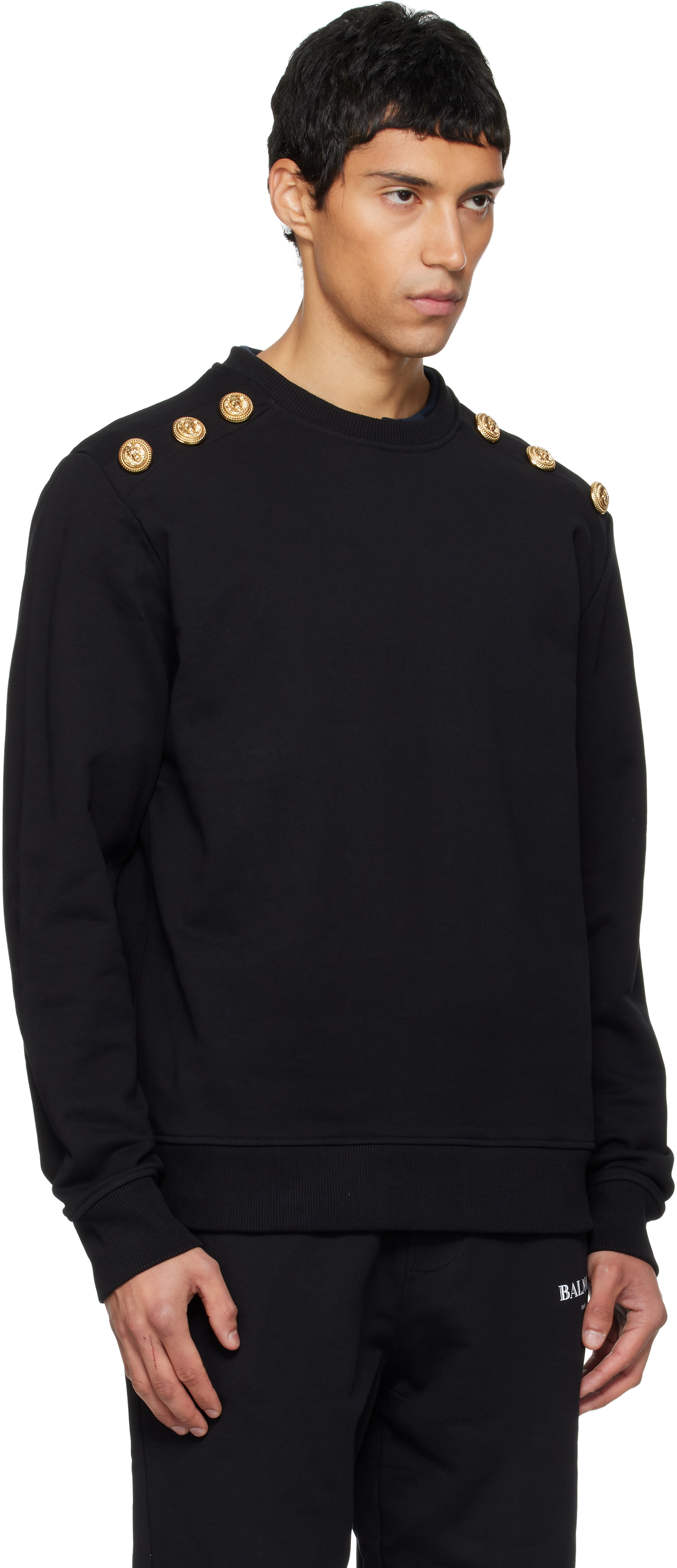 Balmain Crew Neck Sweater With Gold Button Detailing In Black
