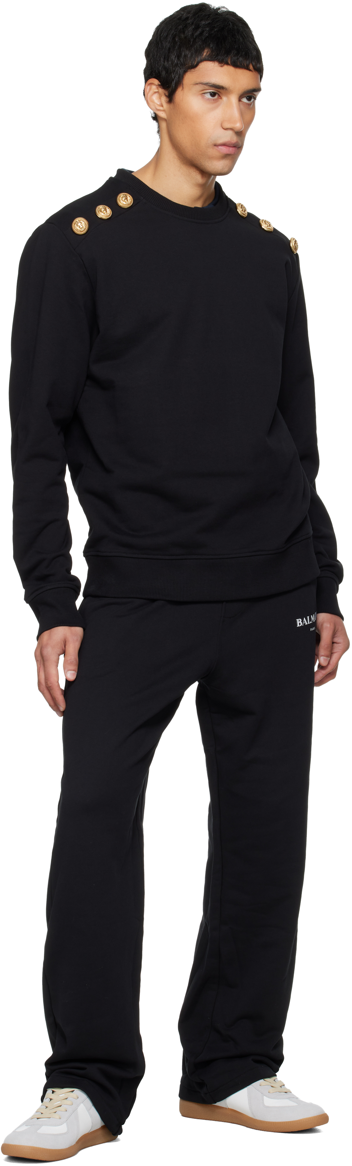Balmain Crew Neck Sweater With Gold Button Detailing In Black