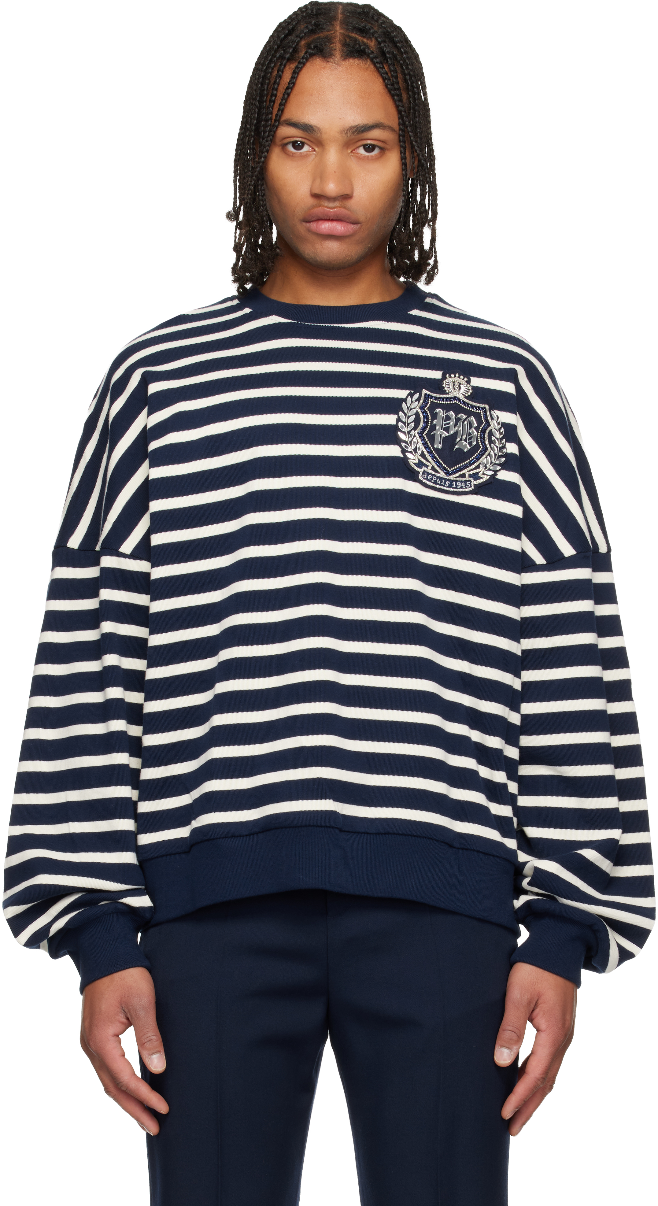 Balmain Navy & White Cotton College Emblem Breton Stripes Sweatshirt In Multi