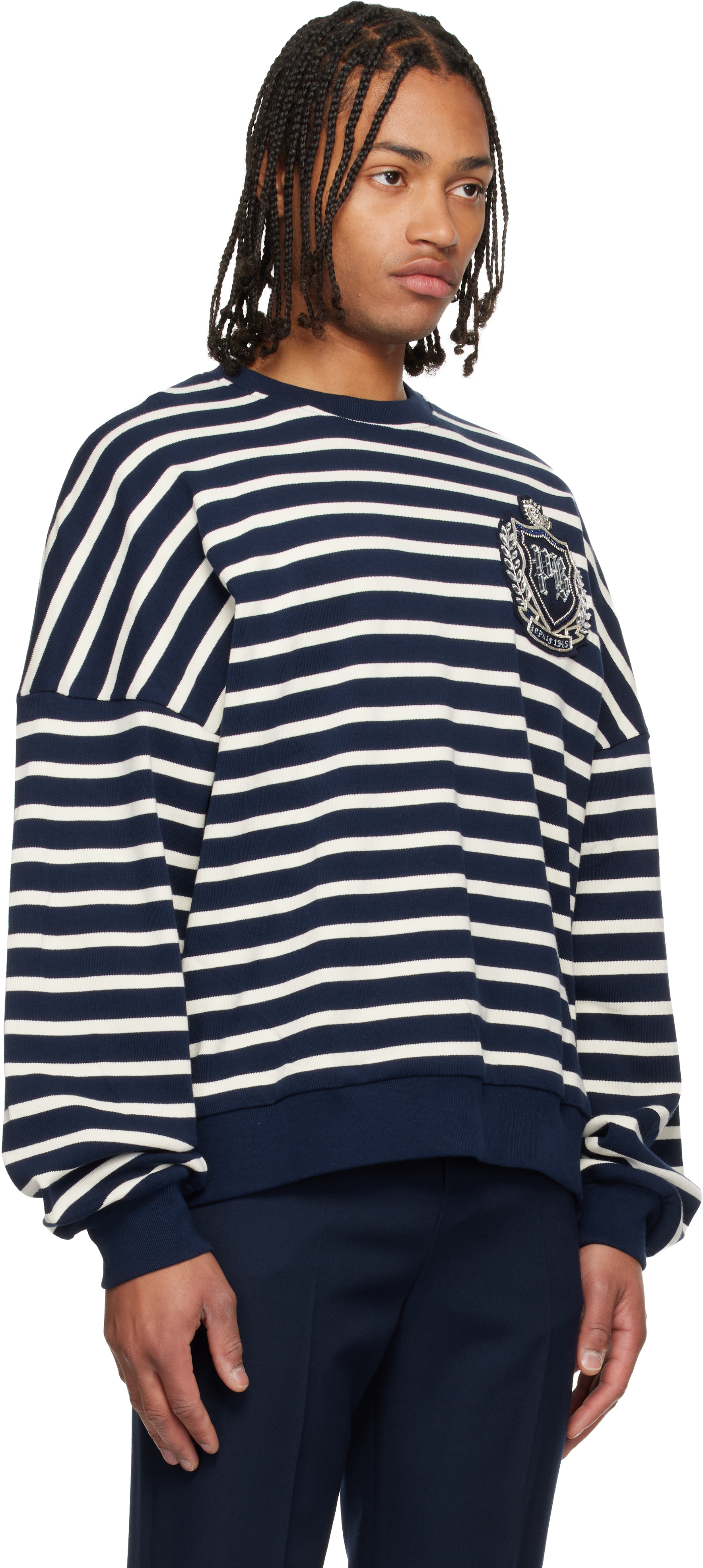 Balmain Navy & White Cotton College Emblem Breton Stripes Sweatshirt In Multi