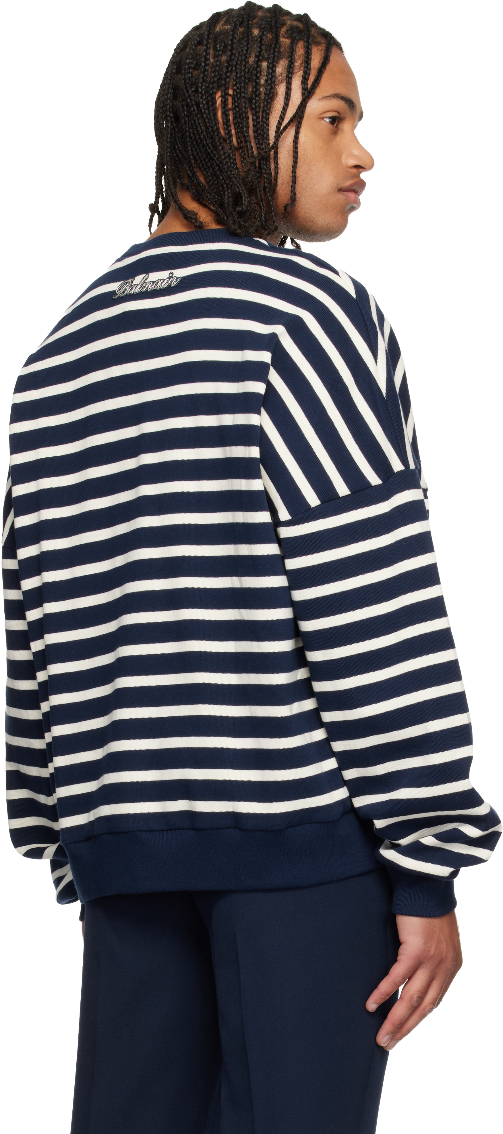 Balmain Navy & White Cotton College Emblem Breton Stripes Sweatshirt In Multi