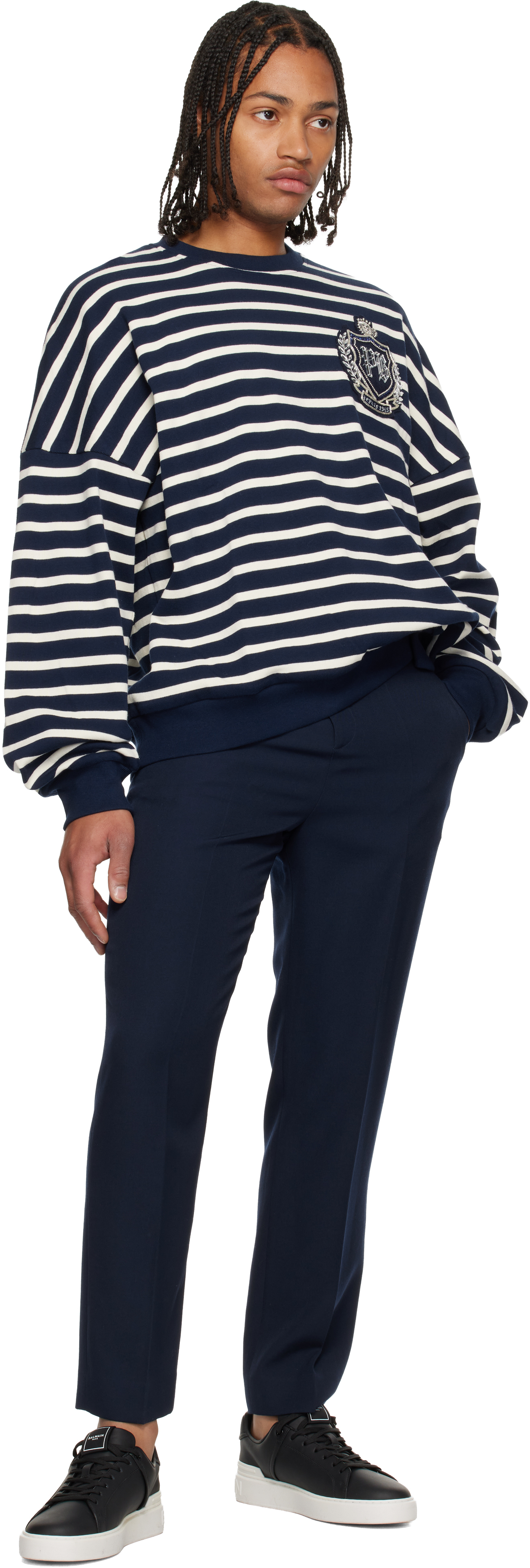 Balmain Navy & White Cotton College Emblem Breton Stripes Sweatshirt In Multi