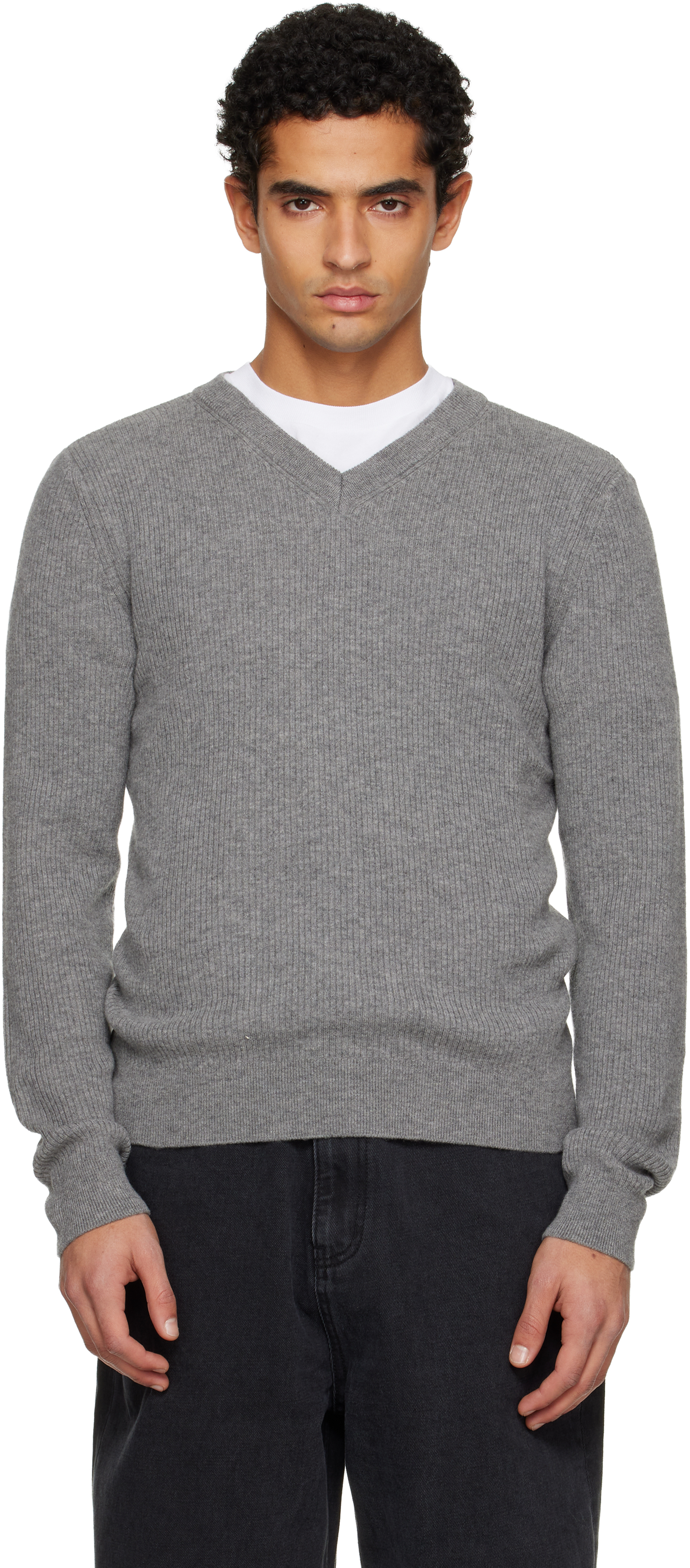 Tonywack Gray Ribbed V-neck Sweater In Gray