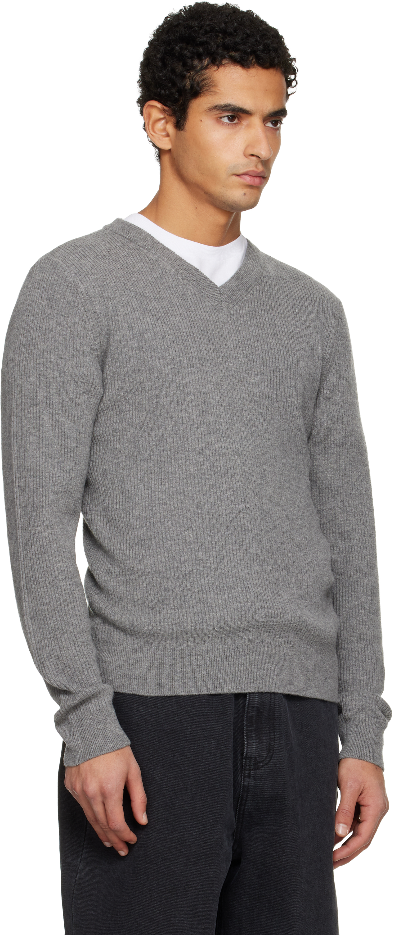 Tonywack Gray Ribbed V-neck Sweater In Gray