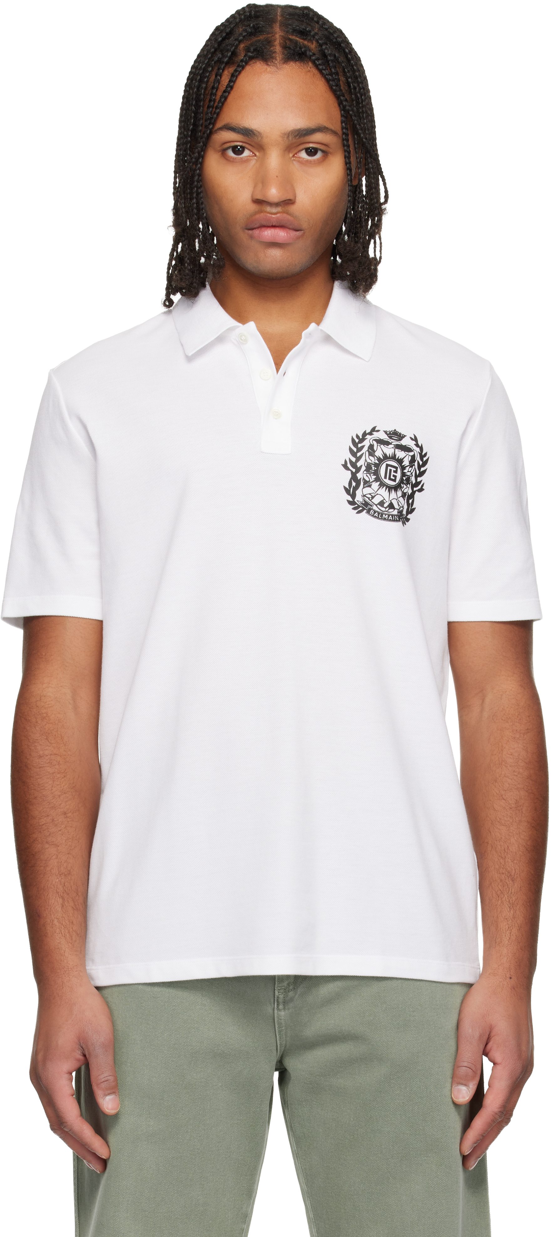 Balmain White Écusson Print Cotton Polo In Multi