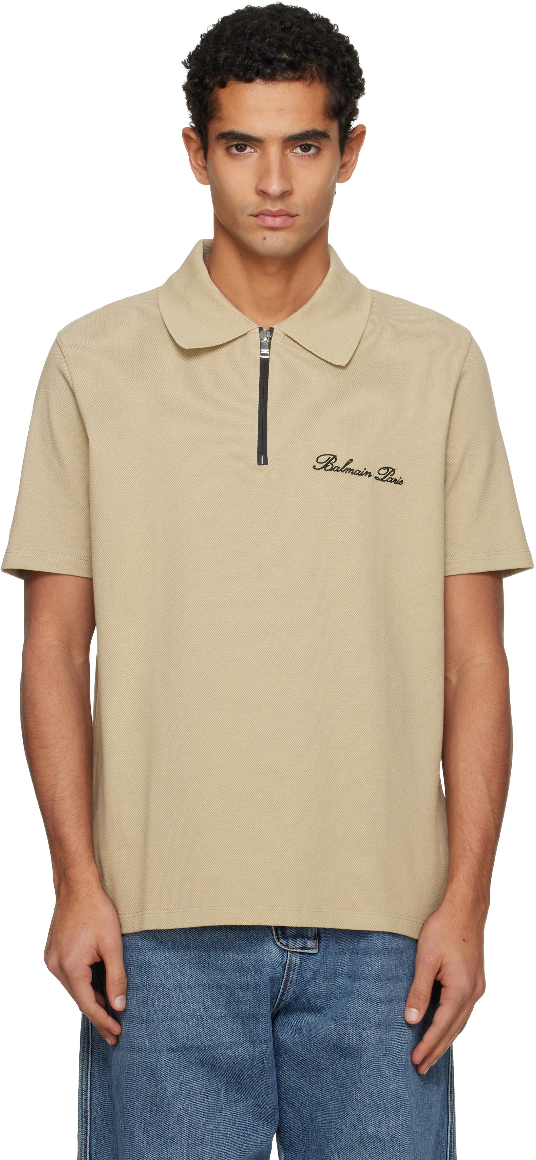 Balmain Beige Short-sleeved Embroidery Polo In Gray