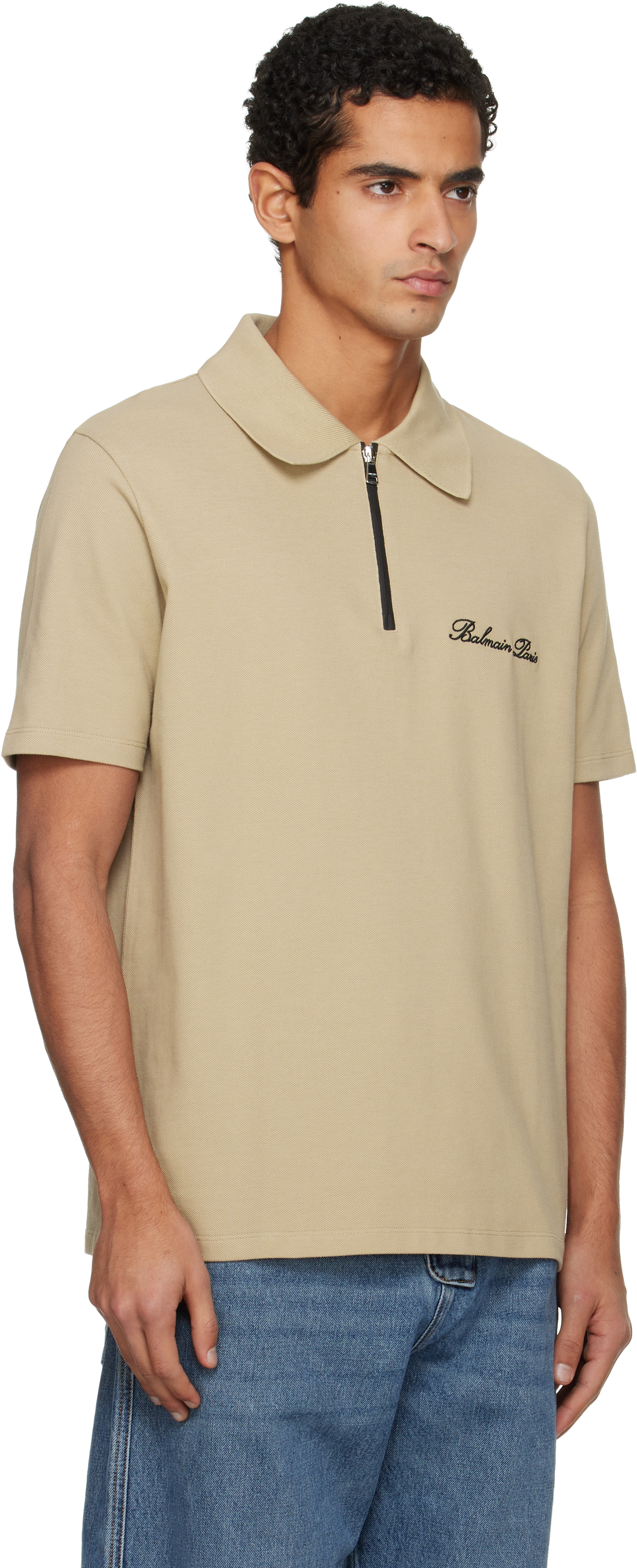 Balmain Beige Short-sleeved Embroidery Polo In Gray