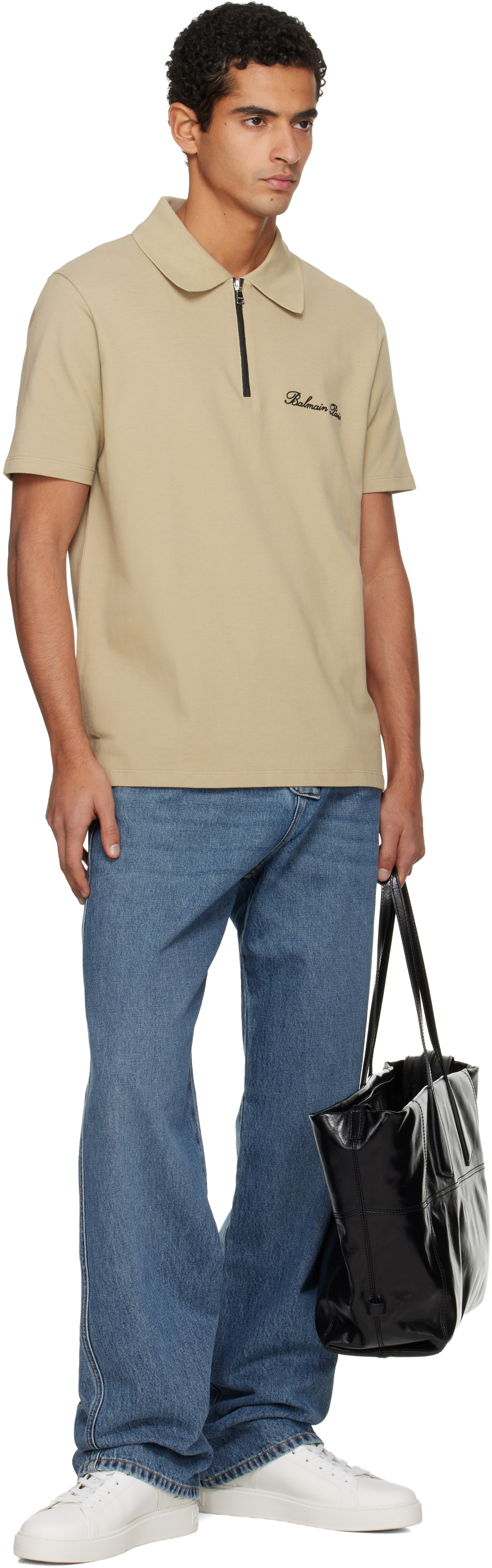 Balmain Beige Short-sleeved Embroidery Polo In Gray