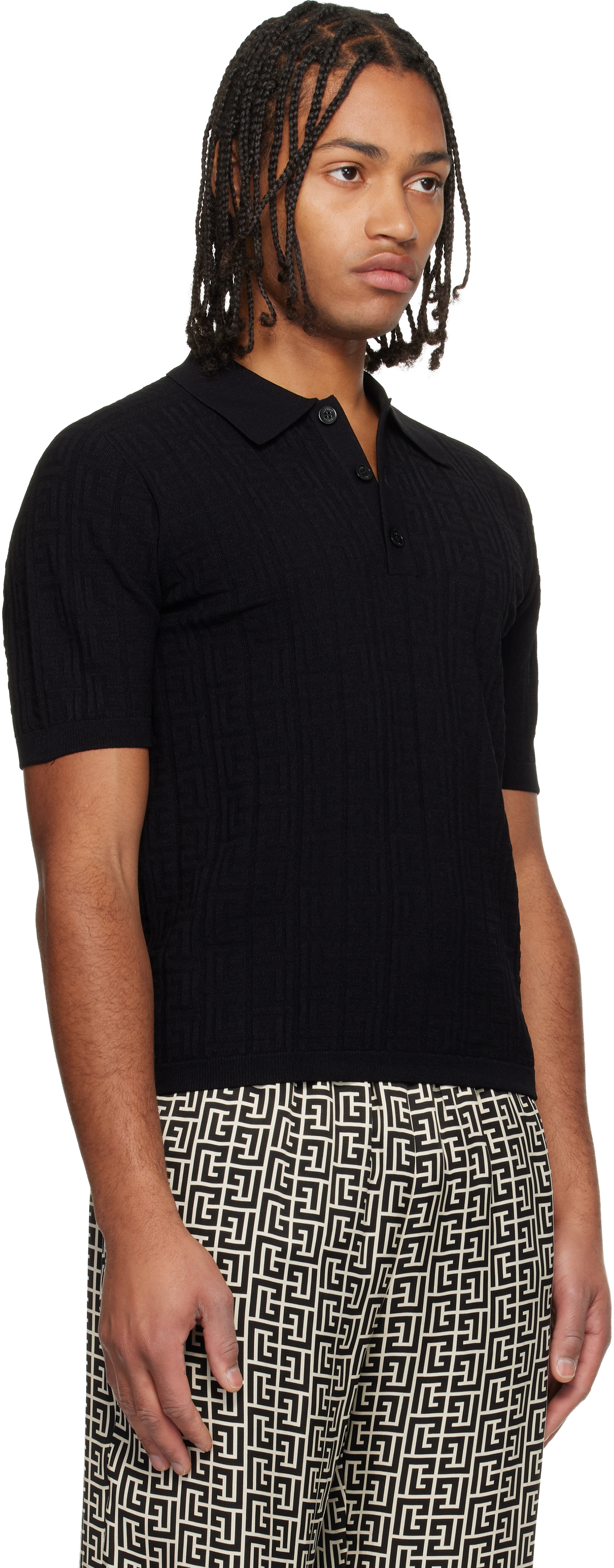 Balmain Textured Black Knitted Polo With Classic Collar In Black
