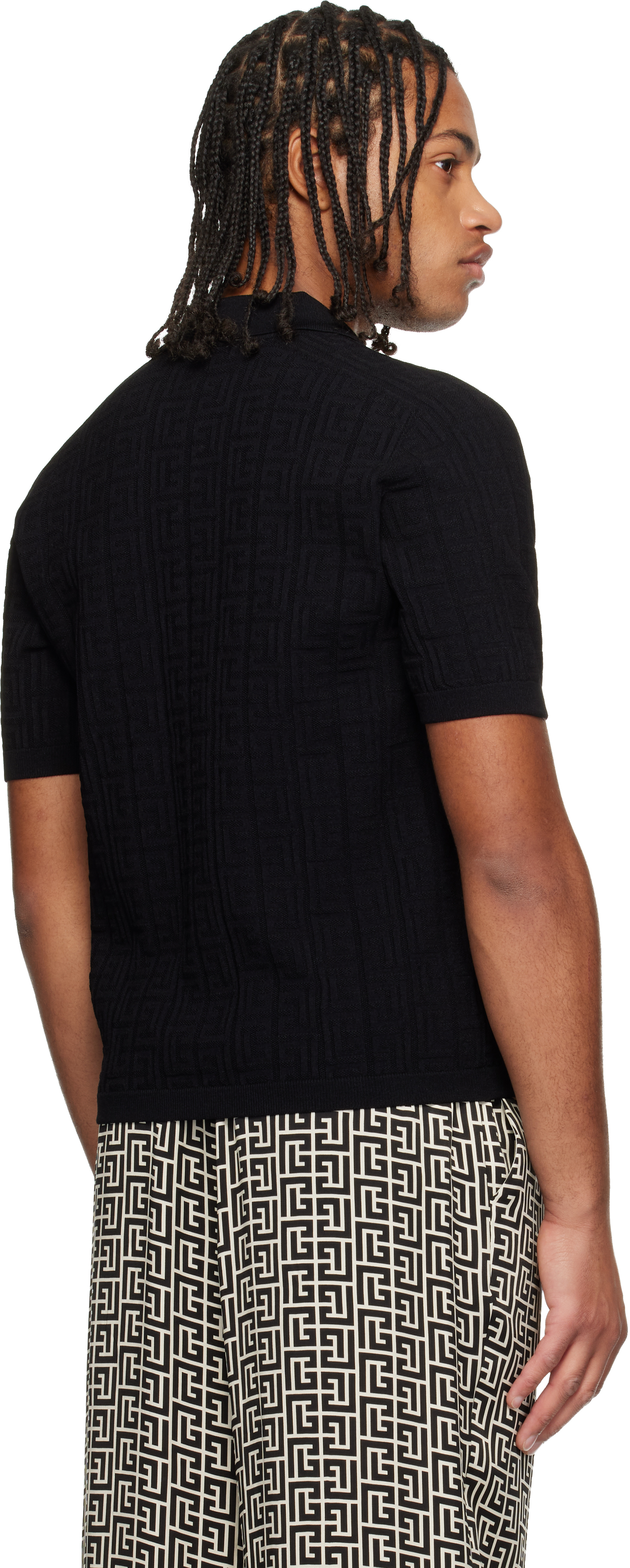 Balmain Textured Black Knitted Polo With Classic Collar In Black