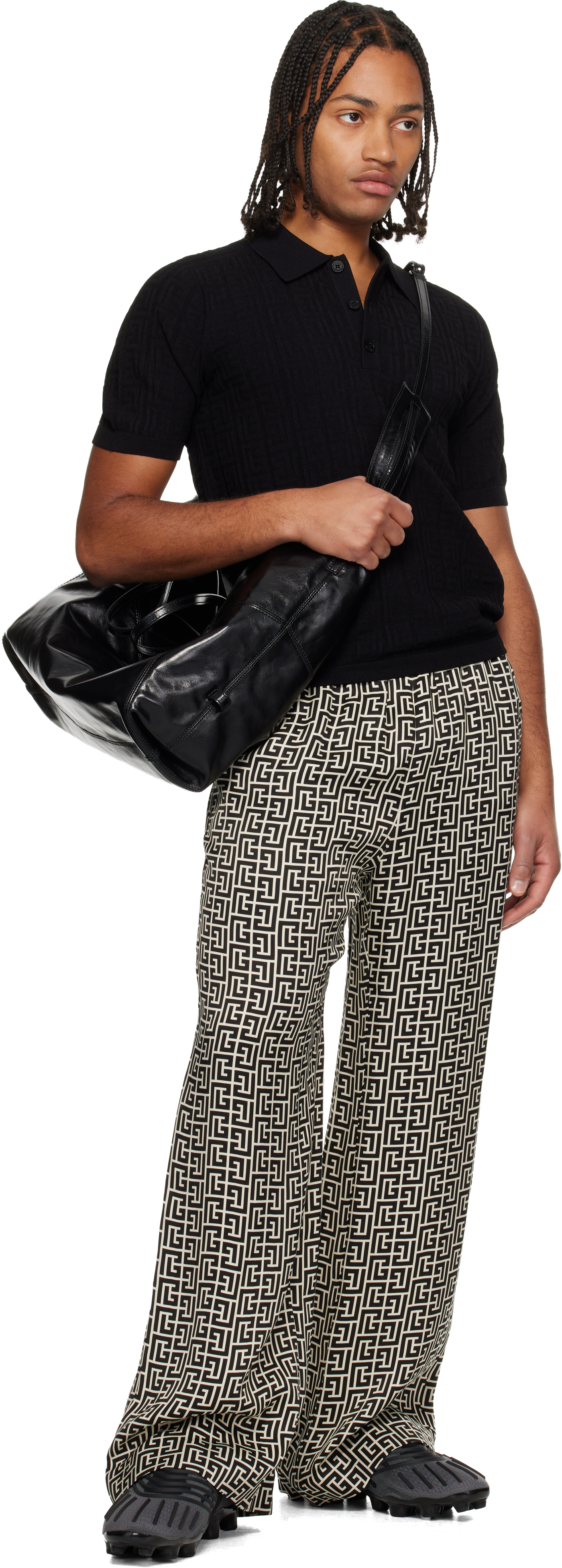 Balmain Textured Black Knitted Polo With Classic Collar In Black