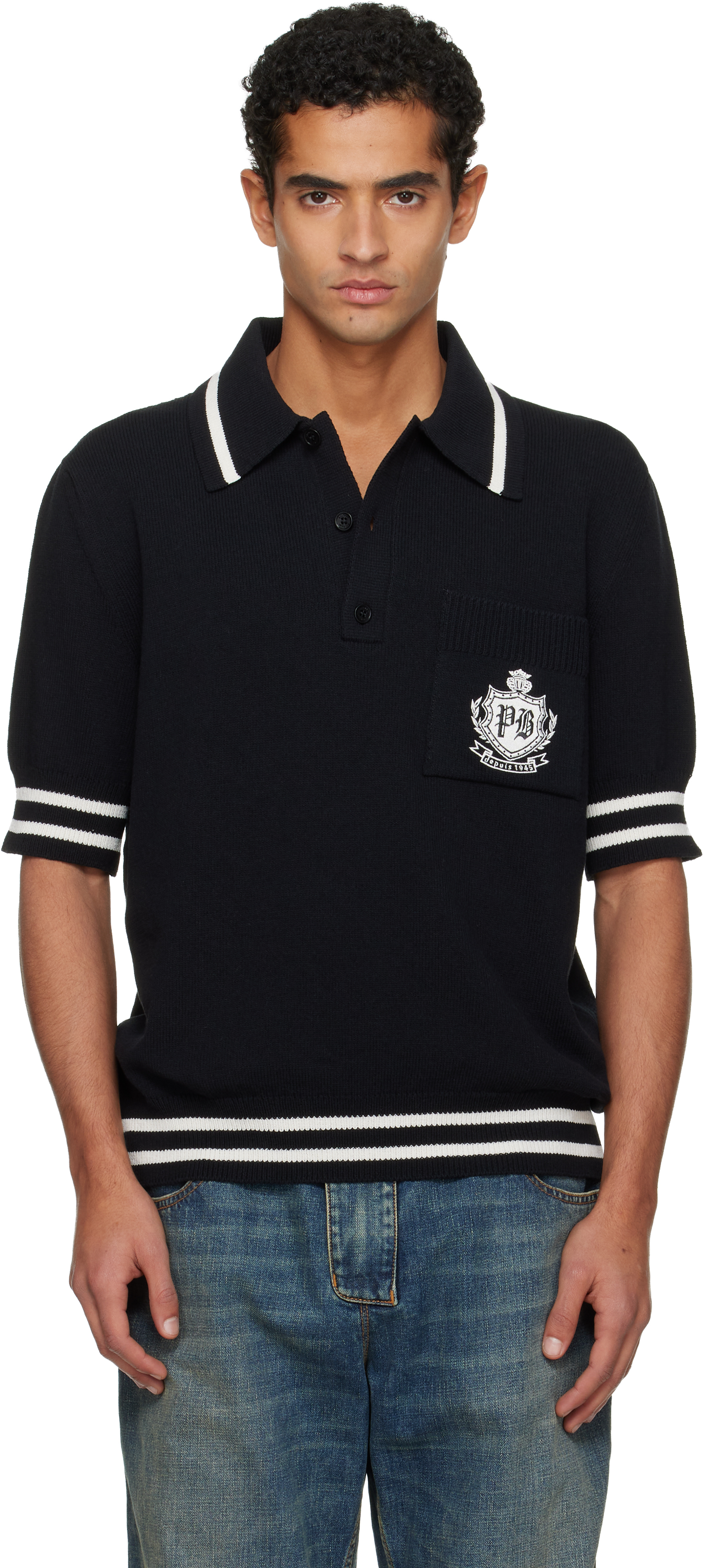 Balmain Black College Emblem Embroidery Knit Polo In Black