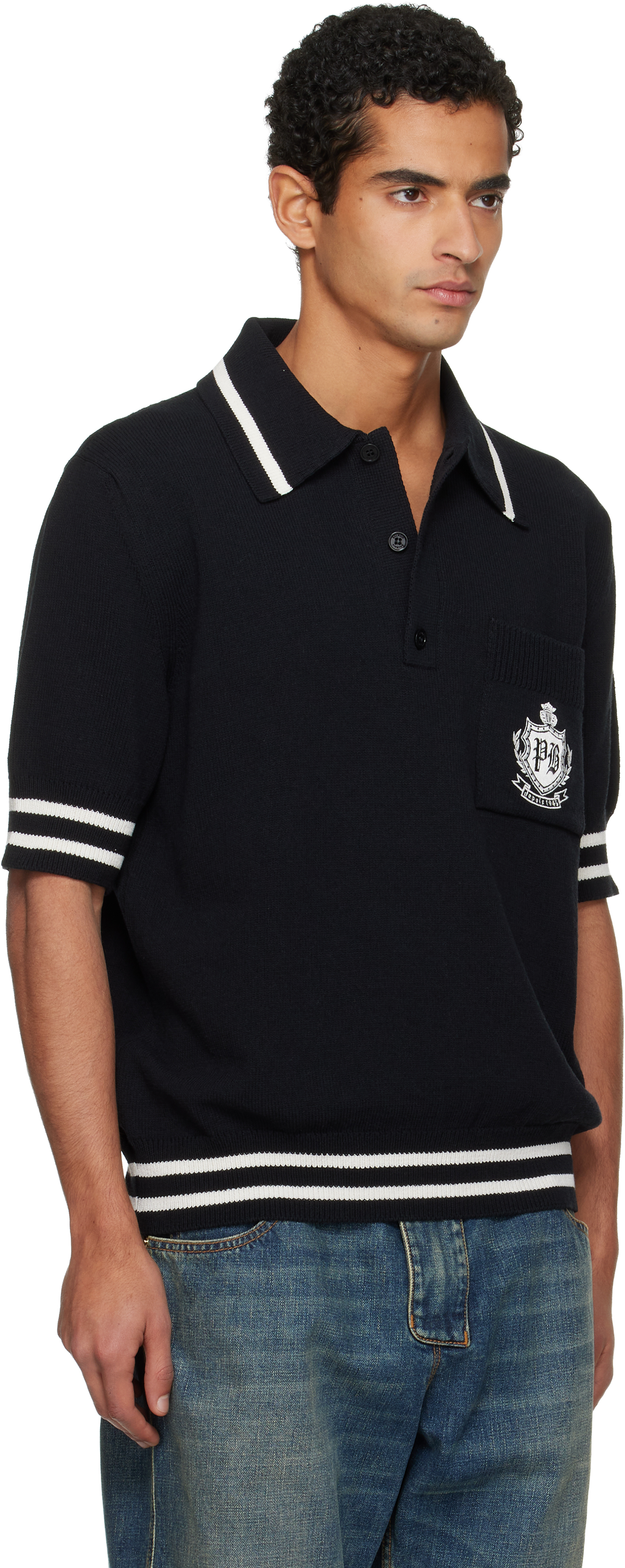 Balmain Black College Emblem Embroidery Knit Polo In Black