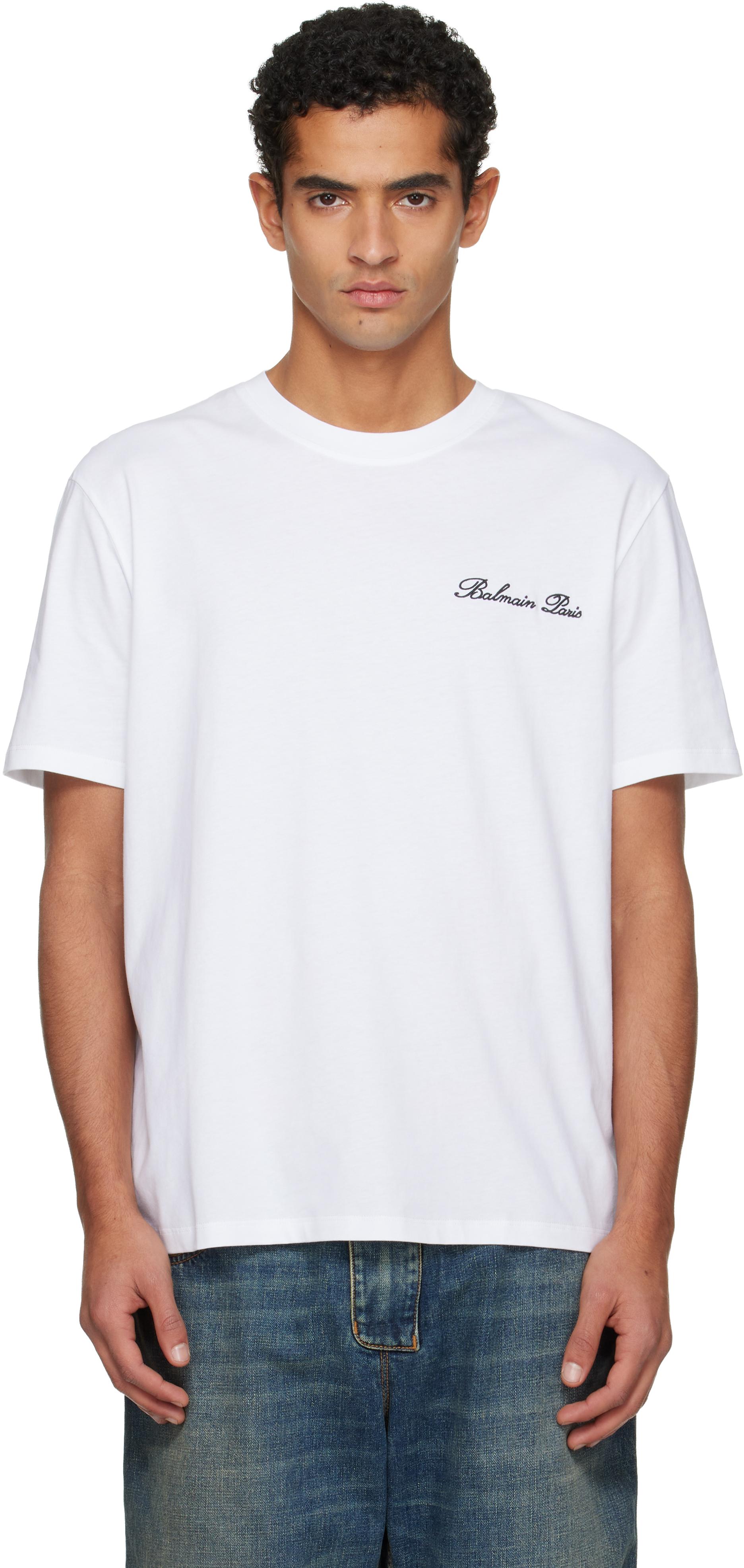 Balmain " Signature" Embroidered T Shirt Regular Fit Clothing In White
