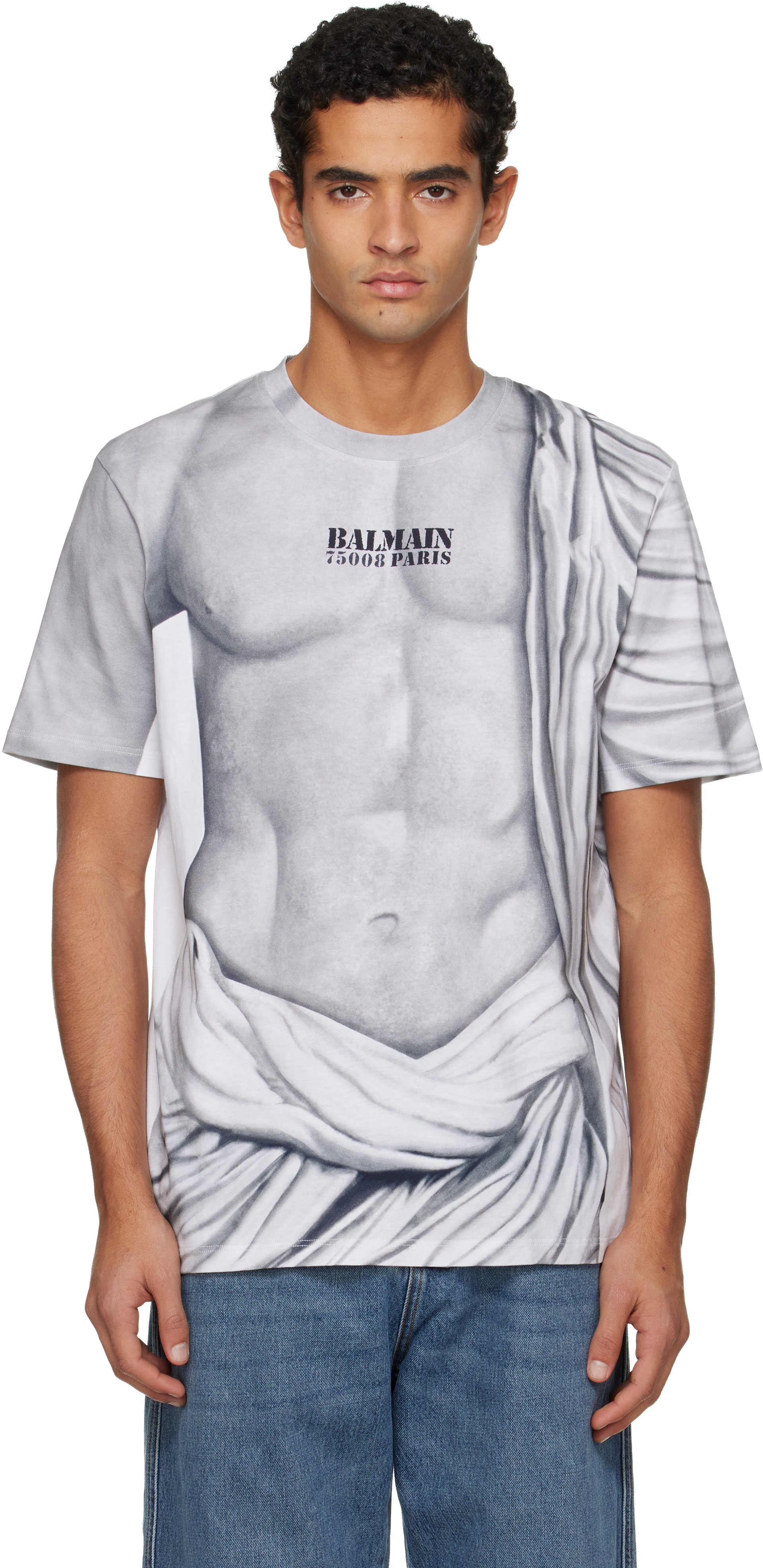 Balmainのグレー Statue プリント ロゴ Tシャツがセール中