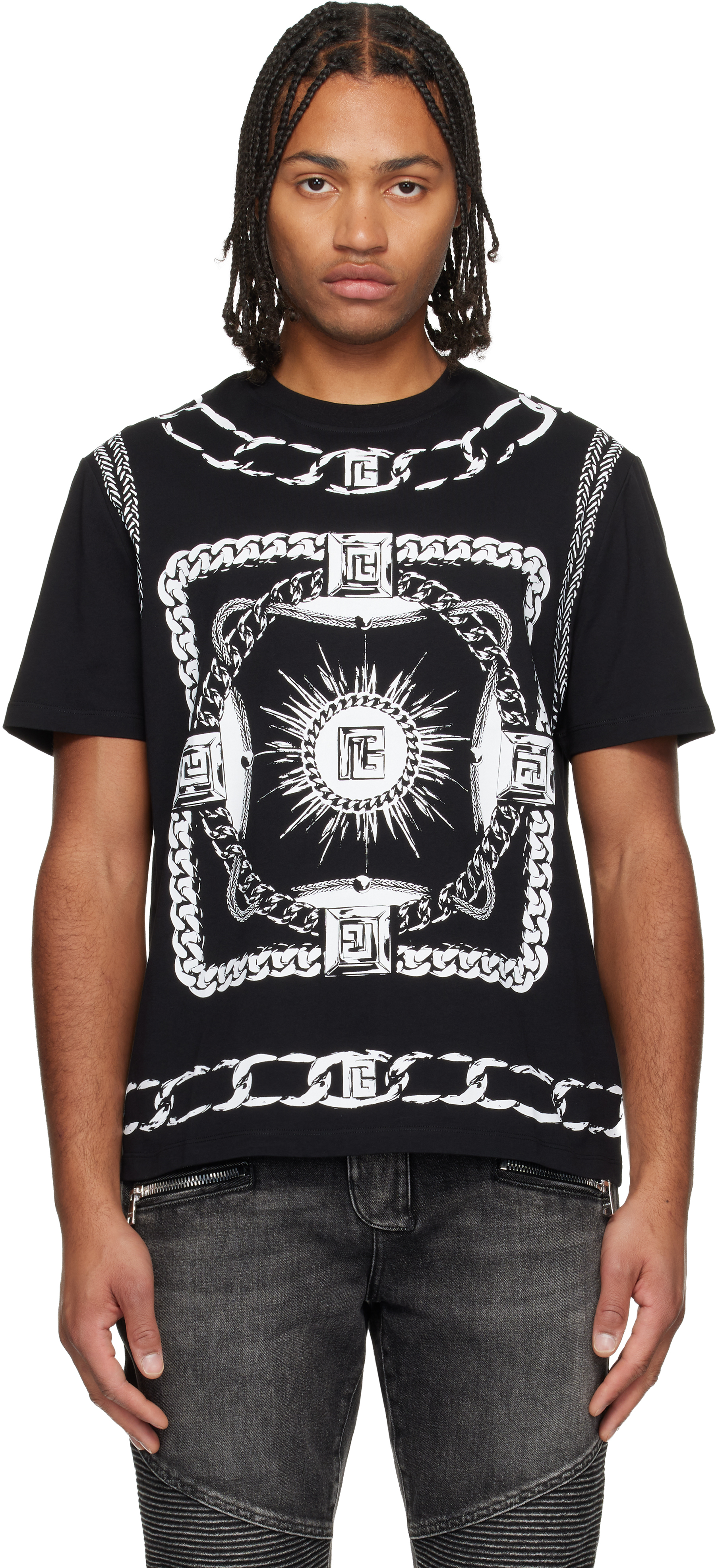 Balmainのブラック Foulard プリントTシャツがセール中