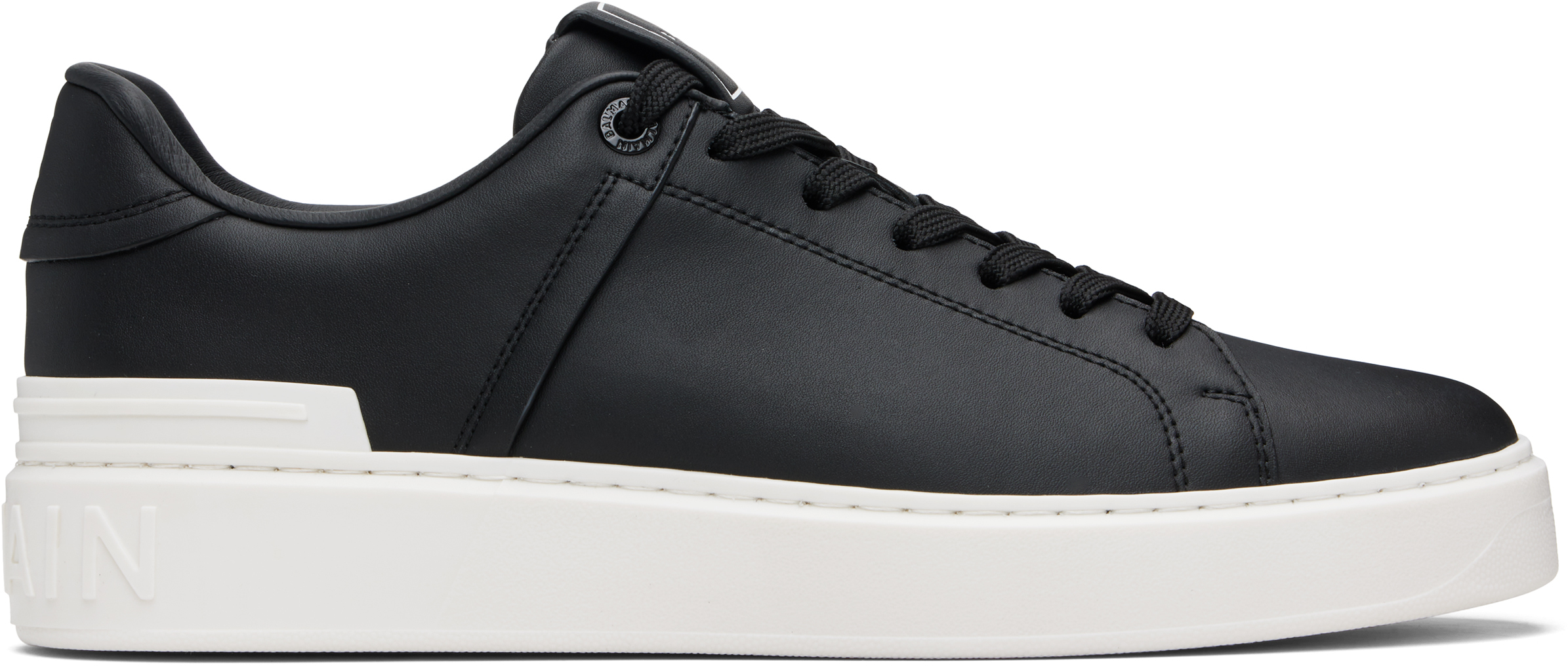 Balmain Round Toe Leather Sneakers With Flat Rubber Sole In Black