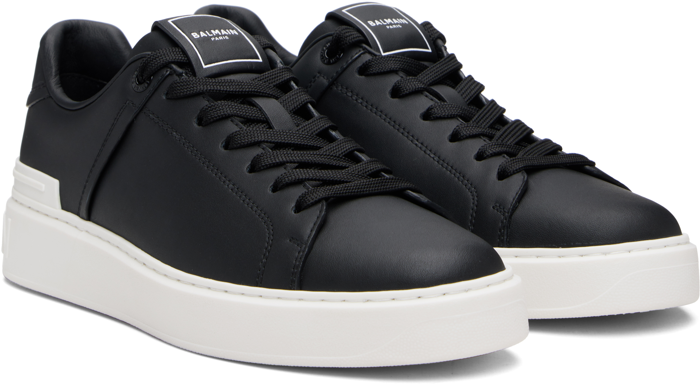 Balmain Round Toe Leather Sneakers With Flat Rubber Sole In Black
