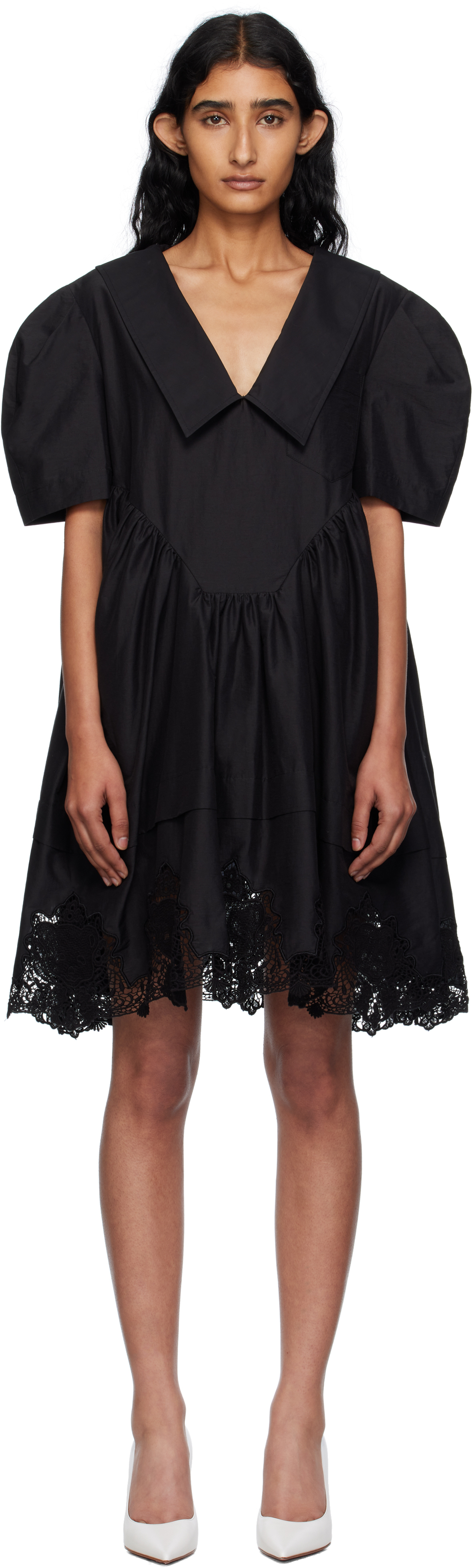 Black Lace Hem Puff Minidress