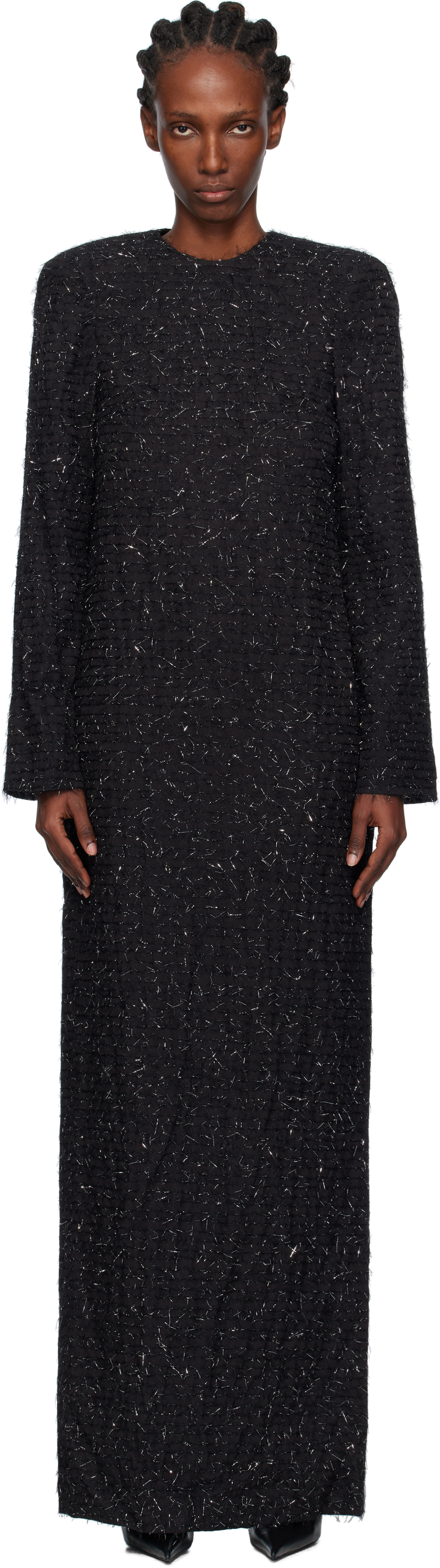 Pushbutton Black Metallic Thread Maxi Dress In Black