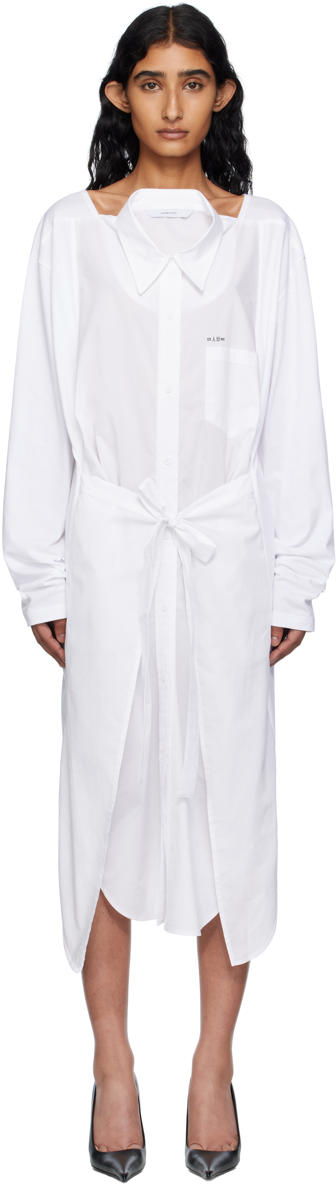Pushbutton White Movable Collar Wrap Midi Dress