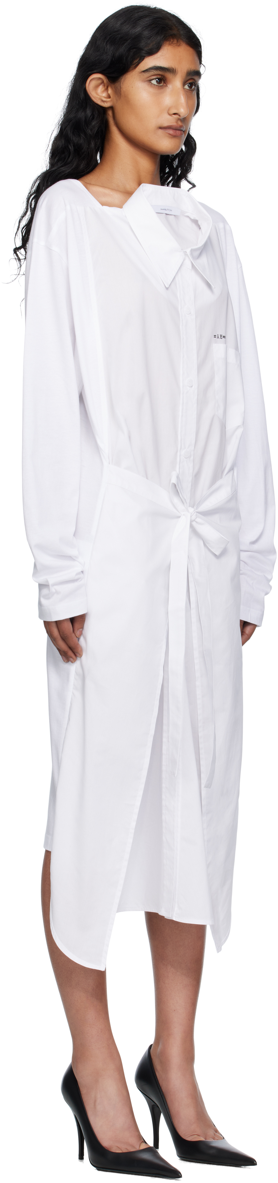 Pushbutton White Movable Collar Wrap Midi Dress