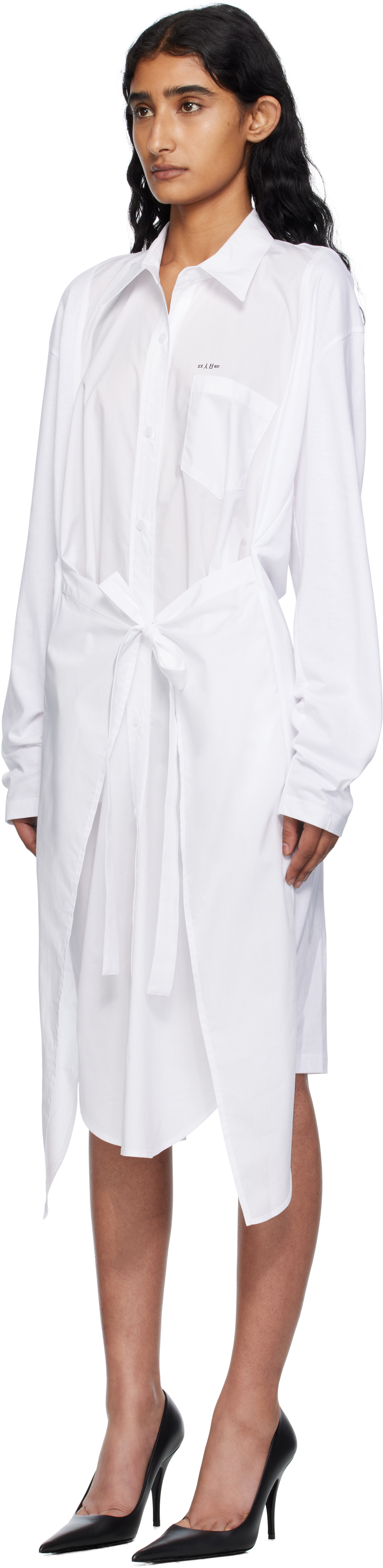Pushbutton White Movable Collar Wrap Midi Dress