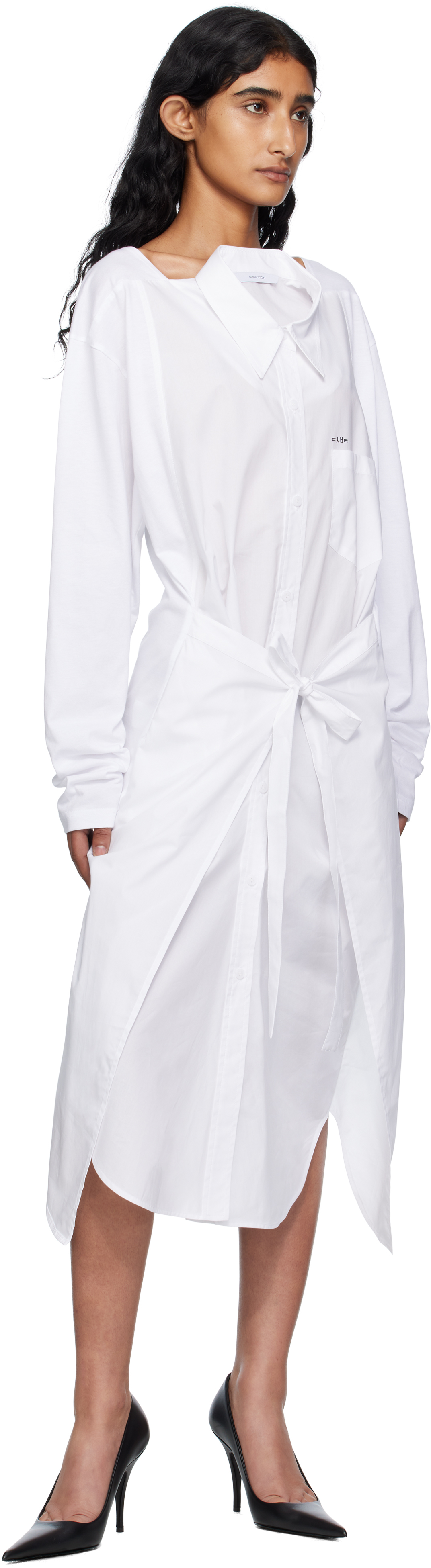 Pushbutton White Movable Collar Wrap Midi Dress