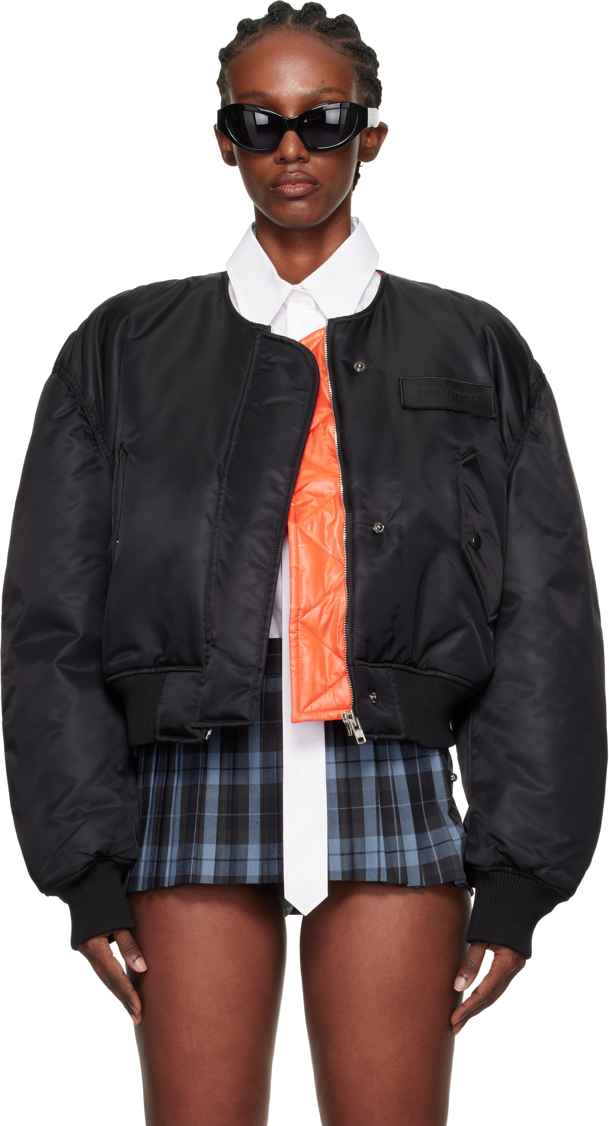 Pushbutton Black Logo Patch Padded Bomber Jacket