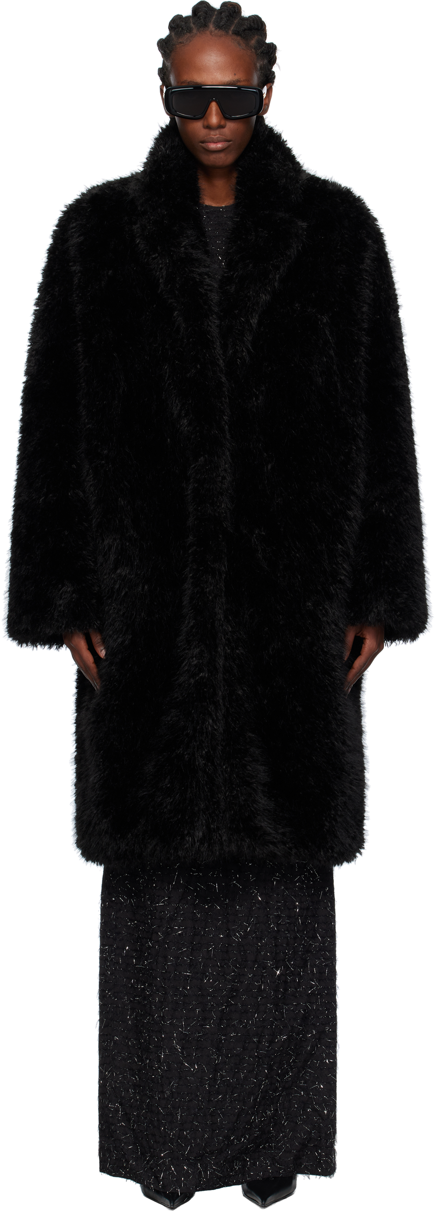 Pushbutton Black Notched Lapel Faux-fur Coat In Black