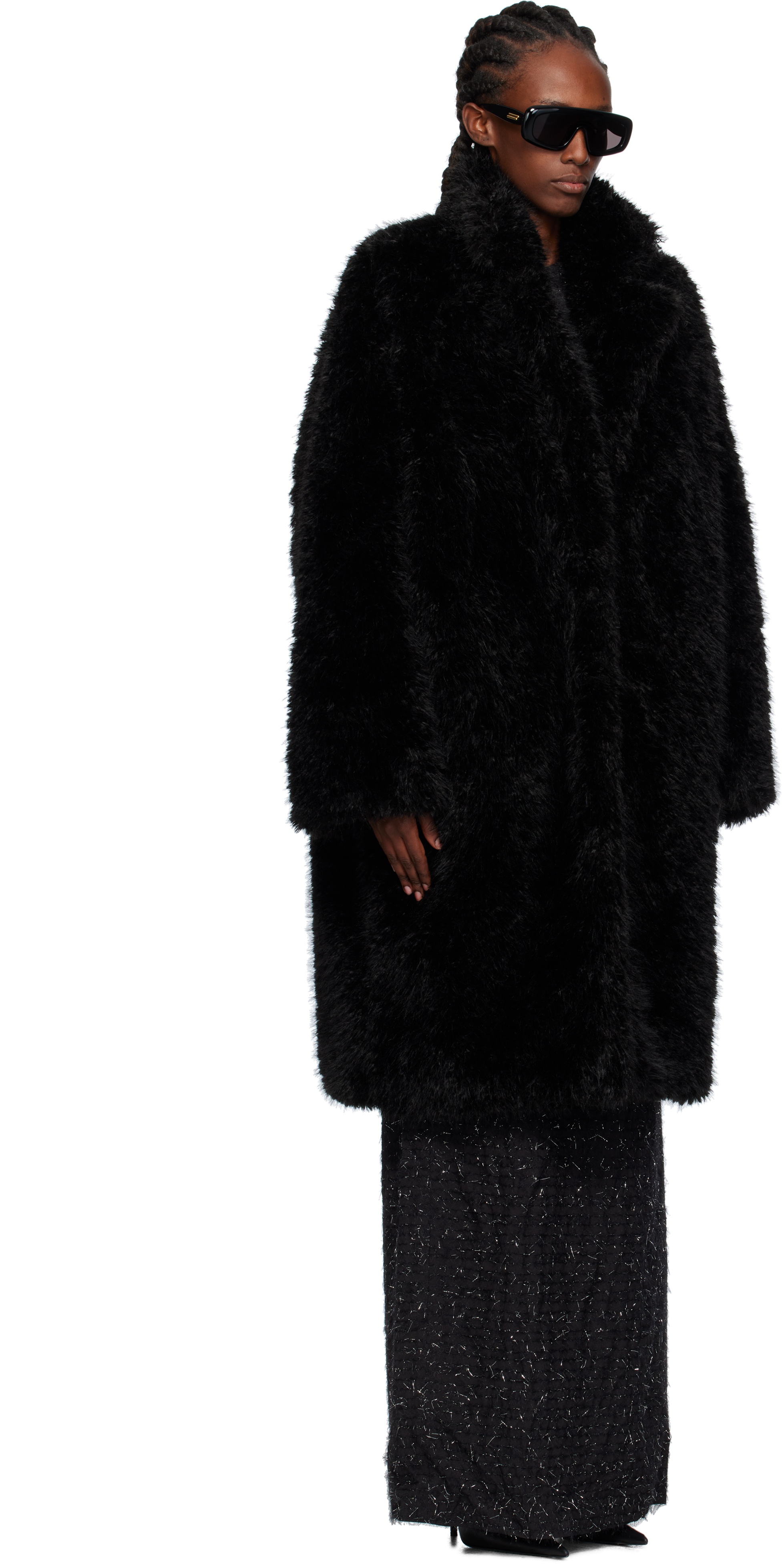 Pushbutton Black Notched Lapel Faux-fur Coat In Black
