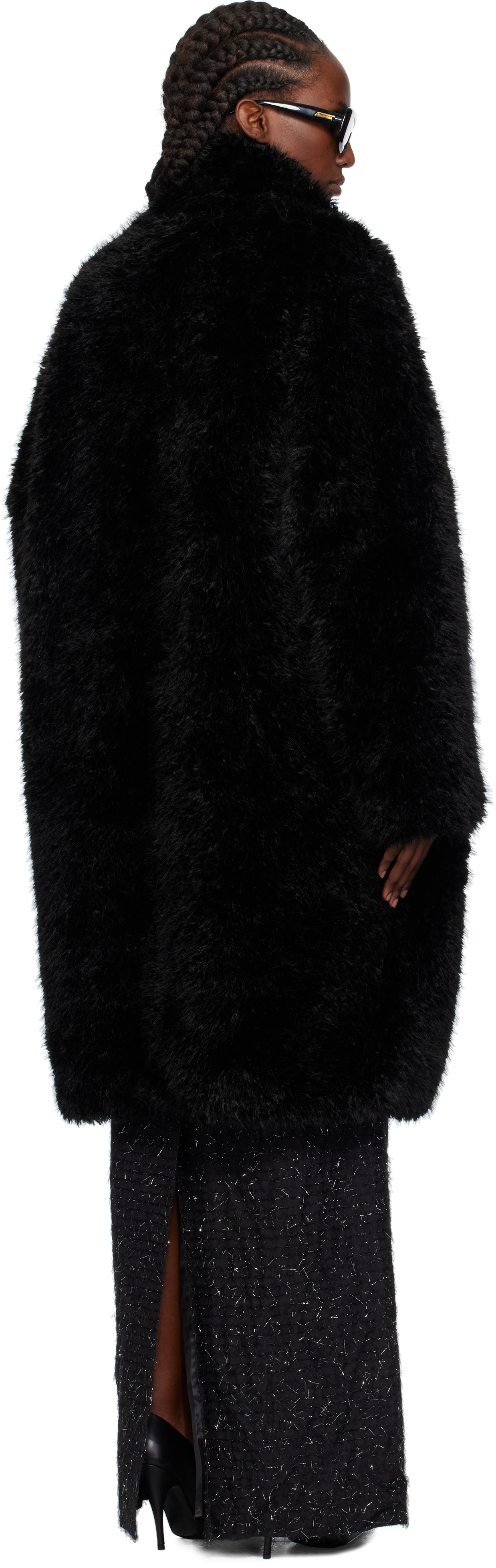 Pushbutton Black Notched Lapel Faux-fur Coat In Black