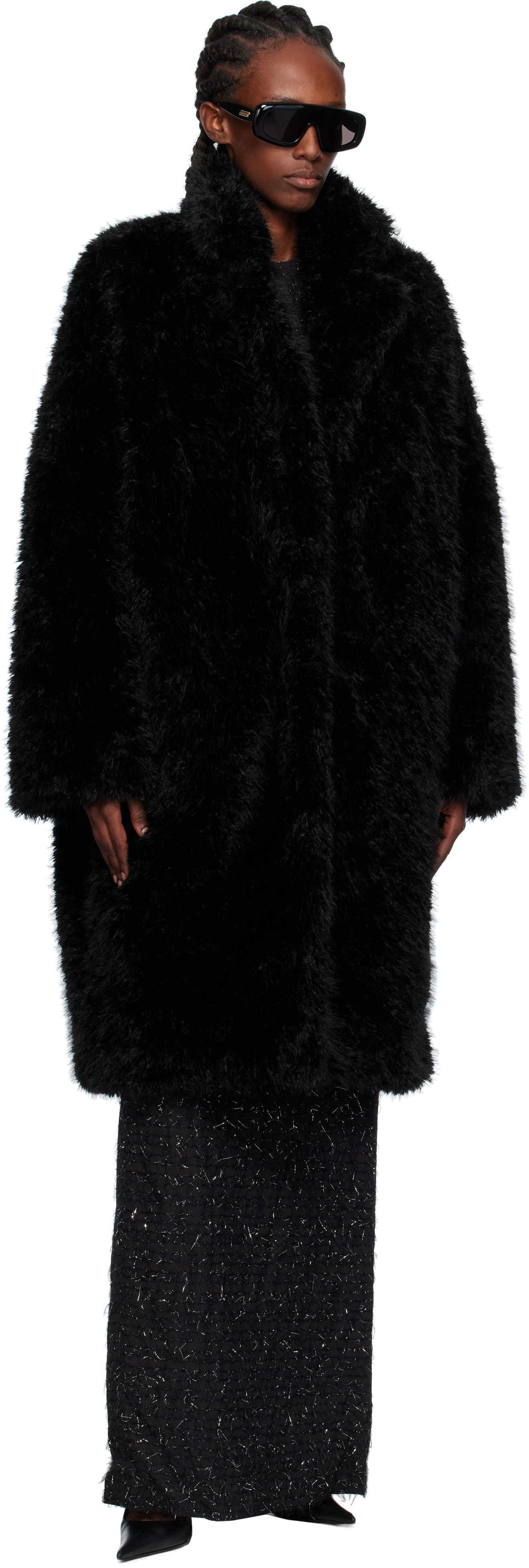 Pushbutton Black Notched Lapel Faux-fur Coat In Black