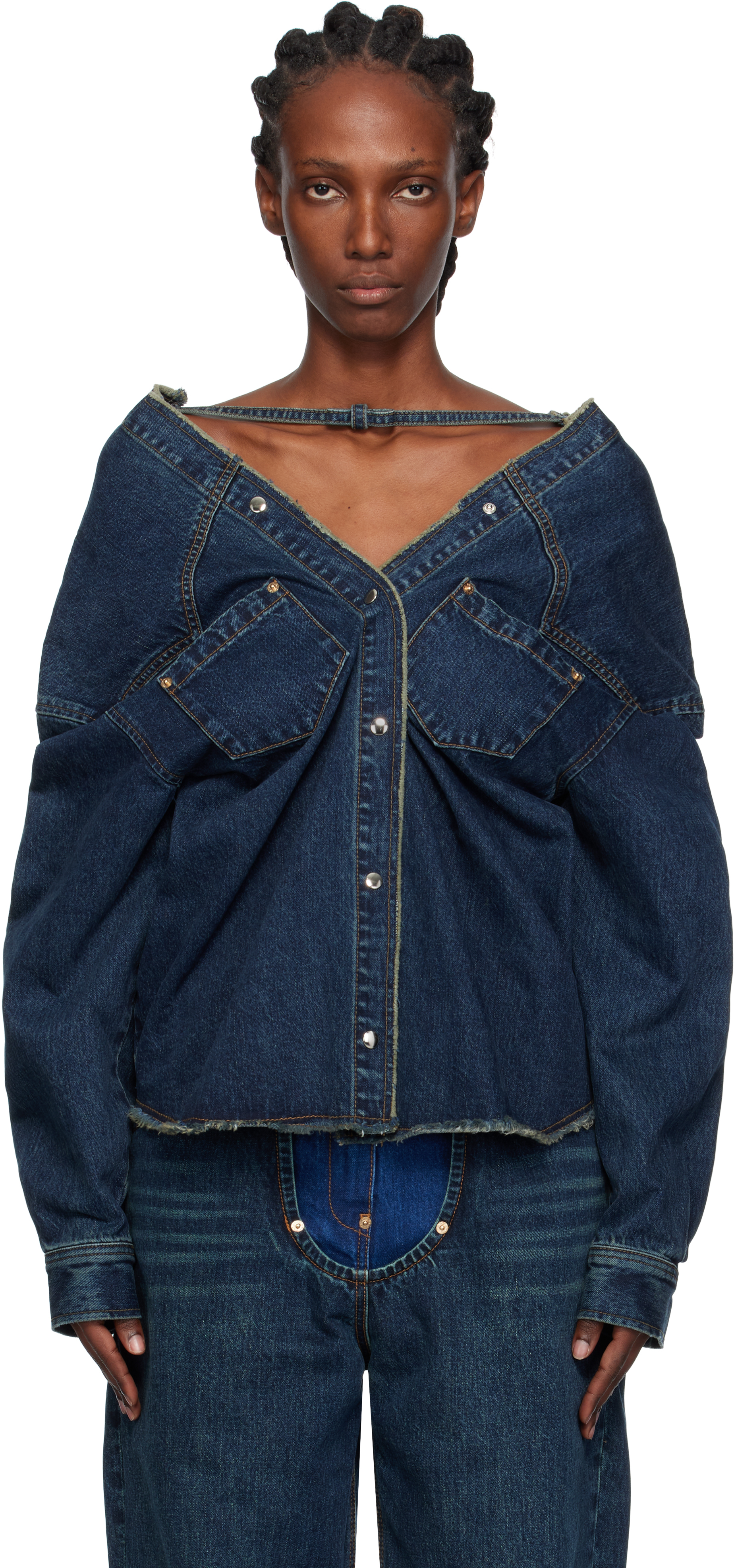 Pushbutton Navy Strap Point Denim Top In Blue