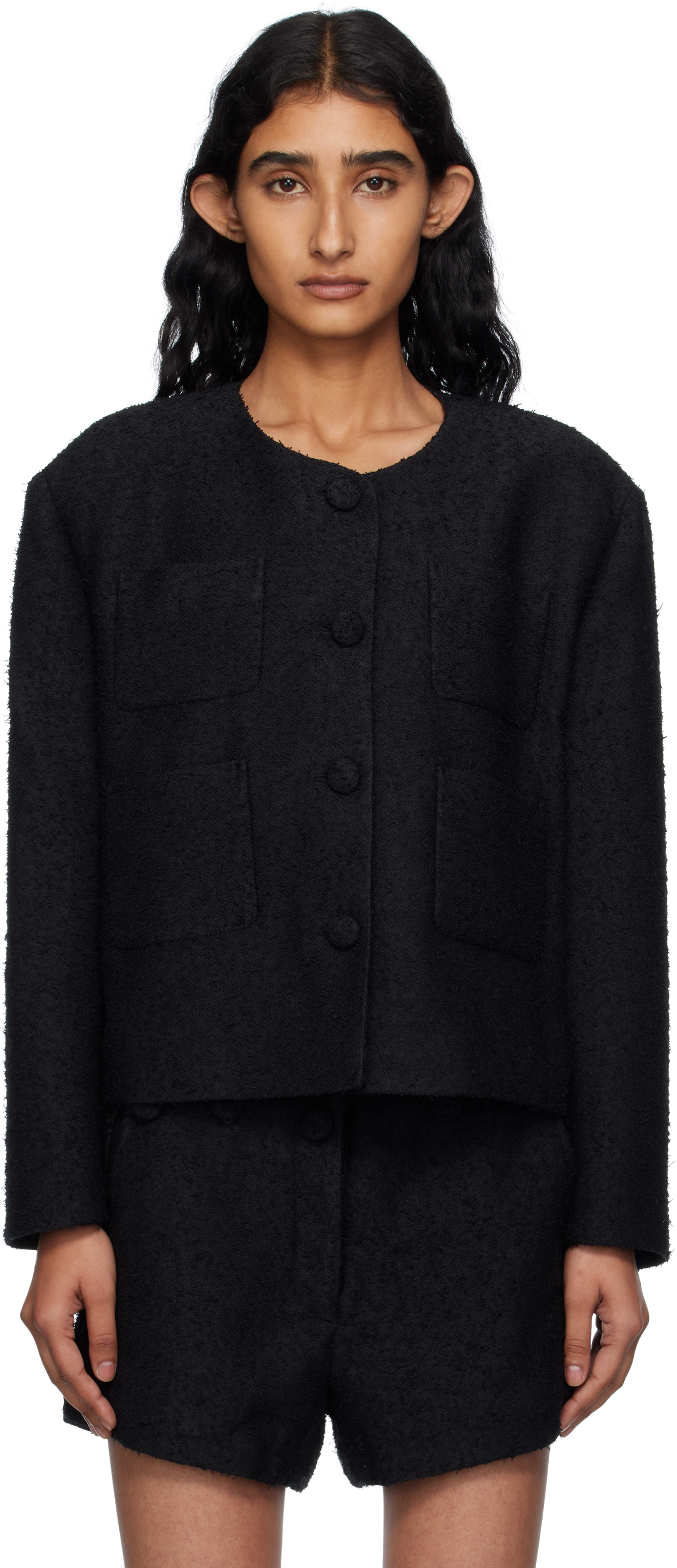 Black Collarless Tweed Jacket