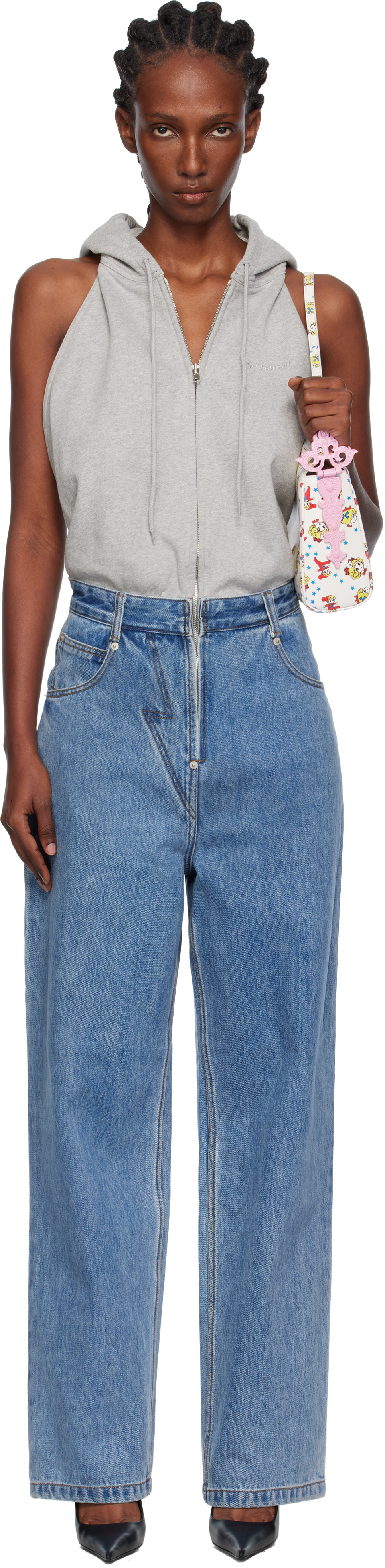 Pushbutton Gray & Blue Halter Hoodie Denim Jumpsuit In Gray