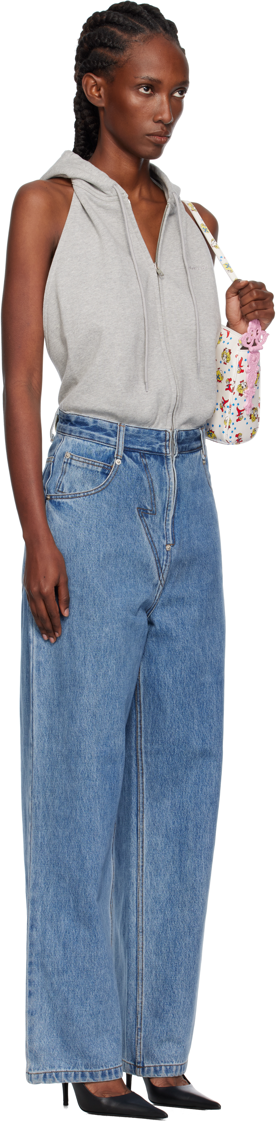 Pushbutton Gray & Blue Halter Hoodie Denim Jumpsuit In Gray