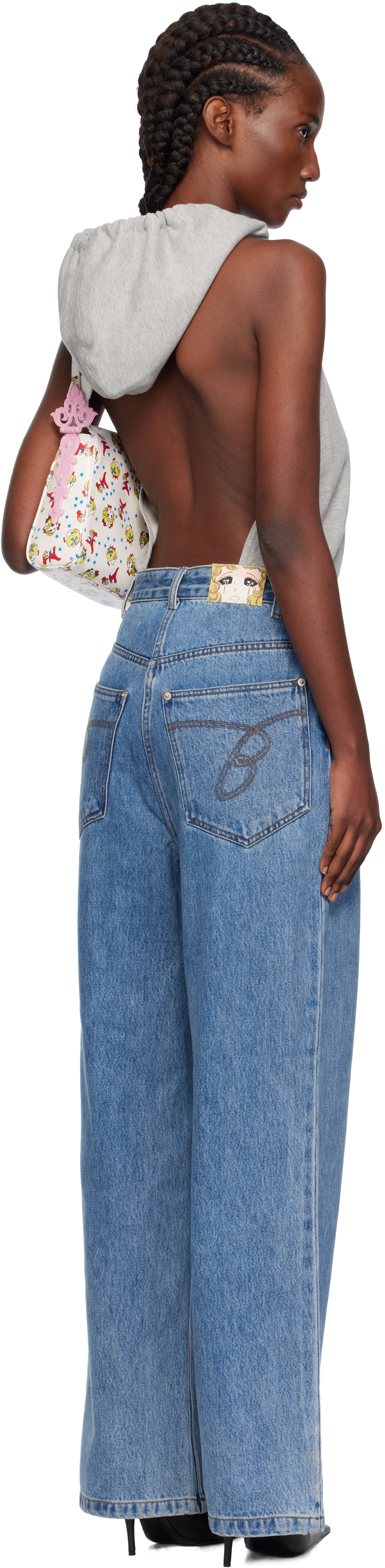 Pushbutton Gray & Blue Halter Hoodie Denim Jumpsuit In Gray