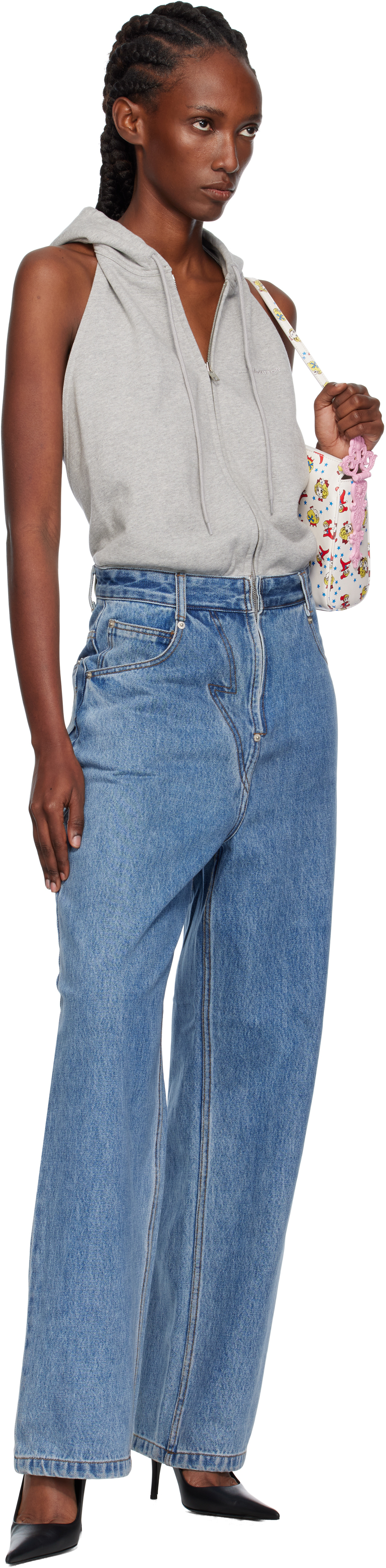 Pushbutton Gray & Blue Halter Hoodie Denim Jumpsuit In Gray