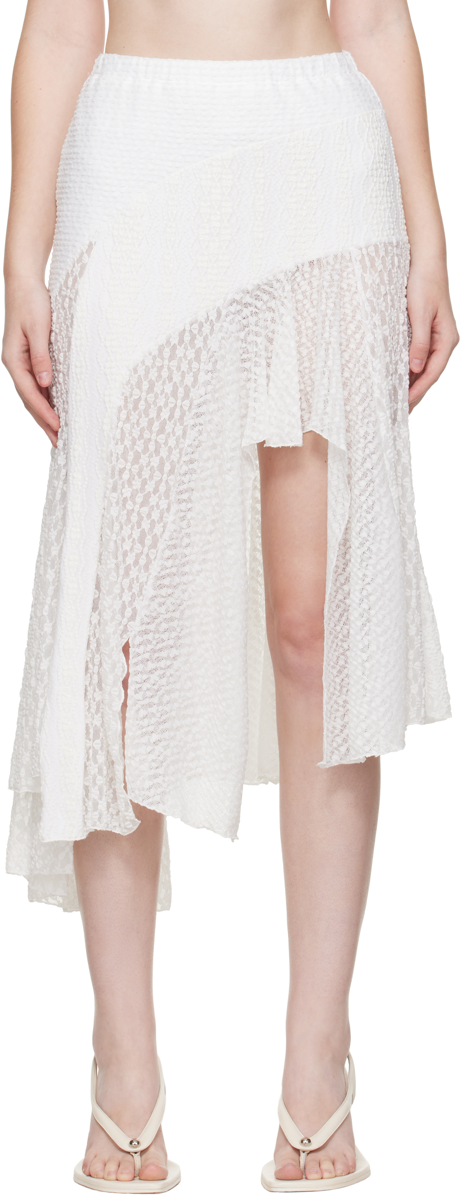 Pushbutton White Lace Trim Mermaid Midi Skirt In White