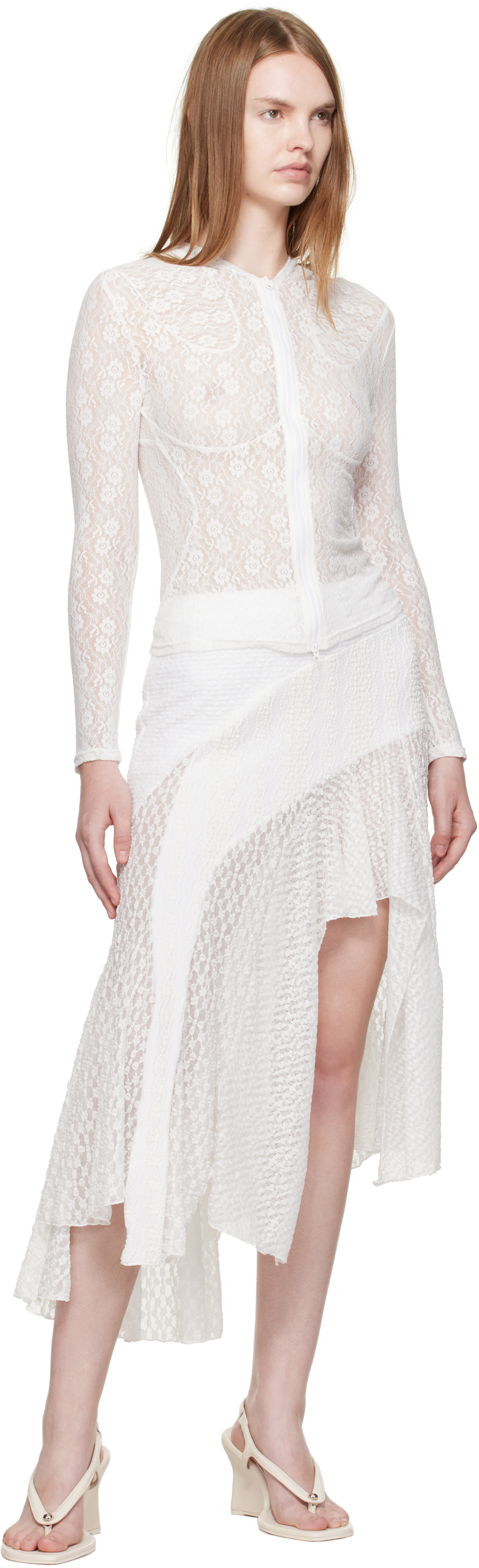 Pushbutton White Lace Trim Mermaid Midi Skirt In White