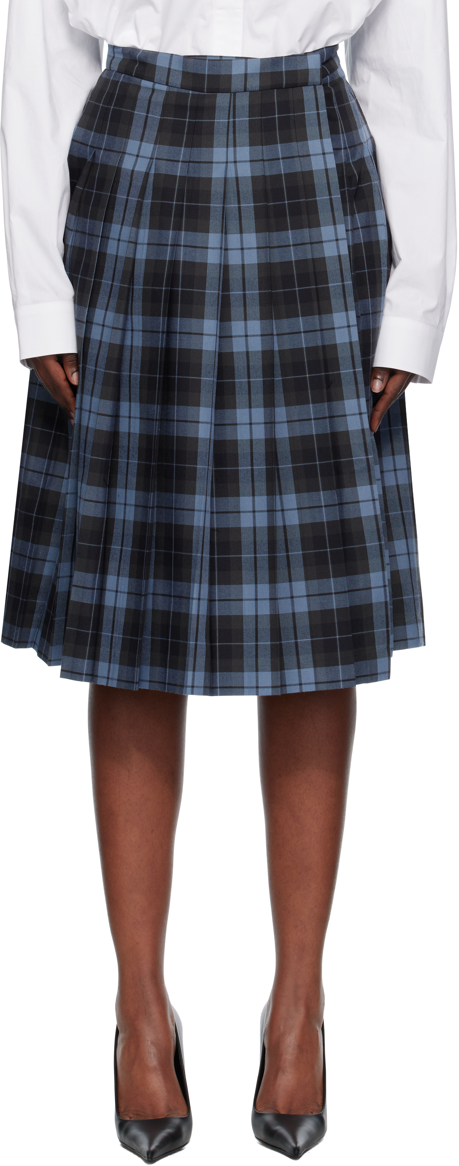 Pushbutton Navy Plaid Midi Skirt In Blue