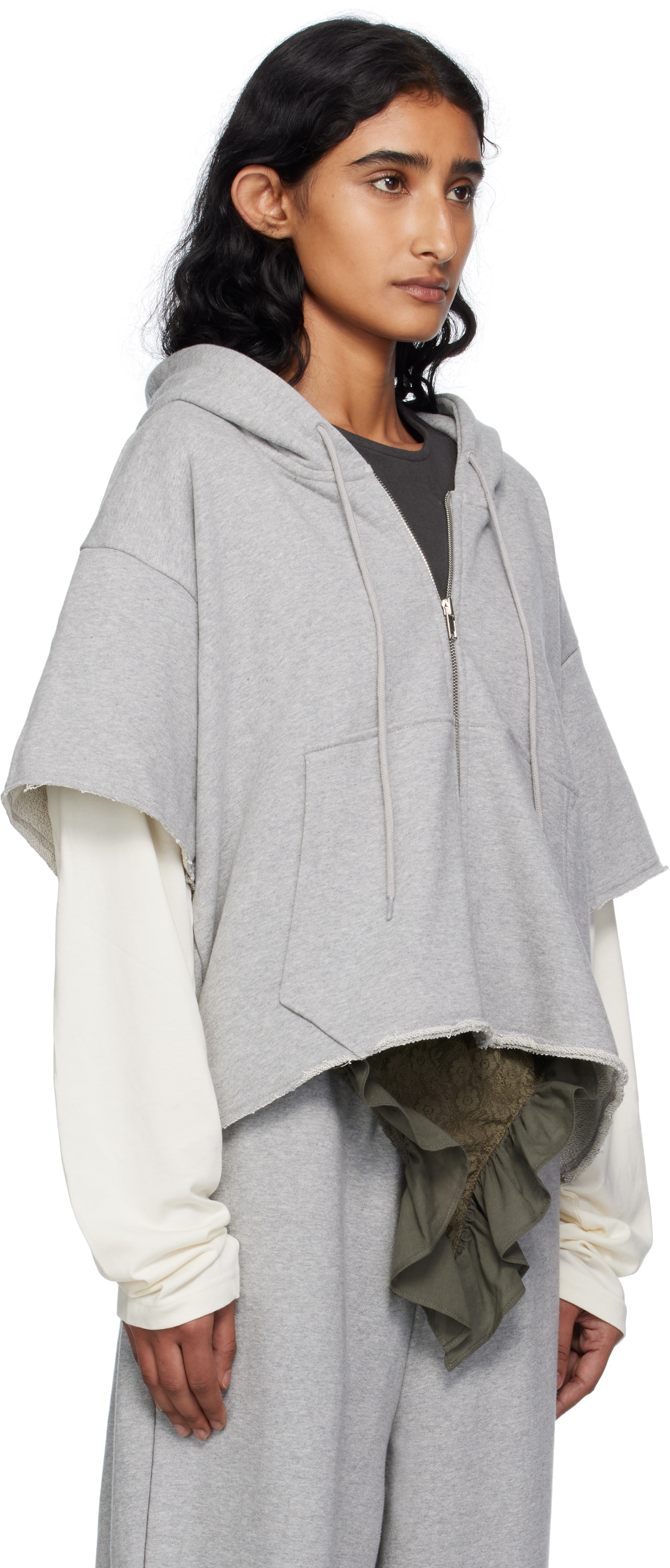 Pushbutton Gray Raw Edge Zip-up Hoodie
