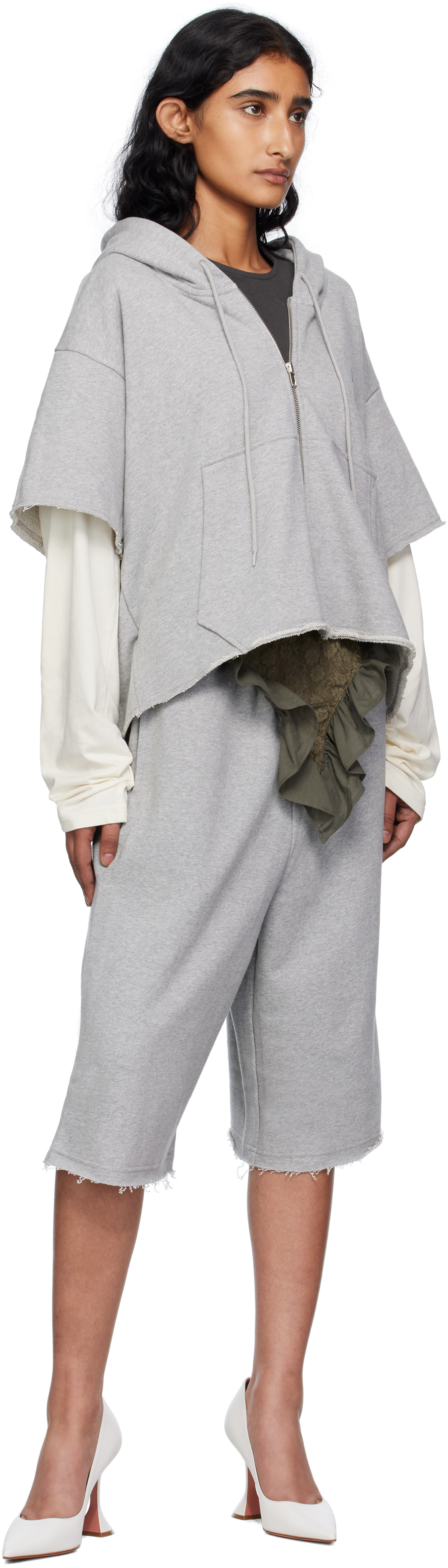 Pushbutton Gray Raw Edge Zip-up Hoodie