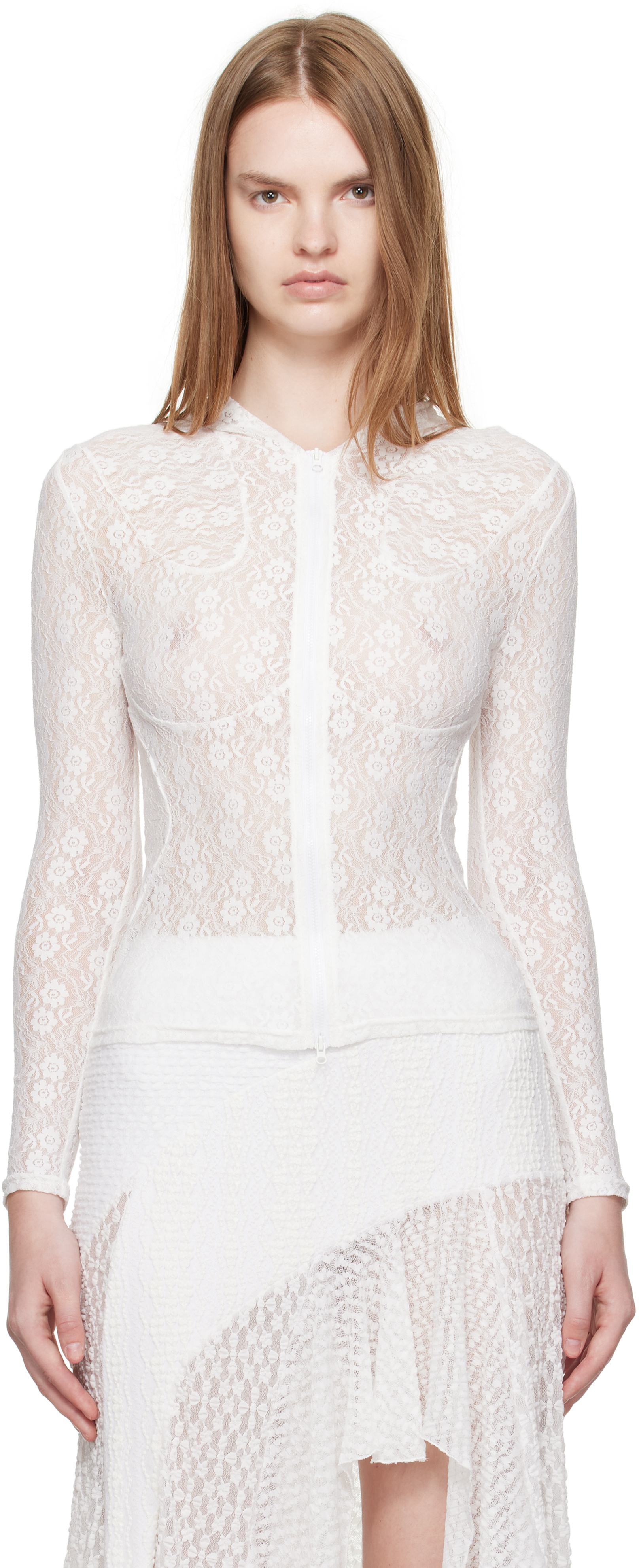 Pushbutton: White Lace Zip-Up Hoodie | SSENSE