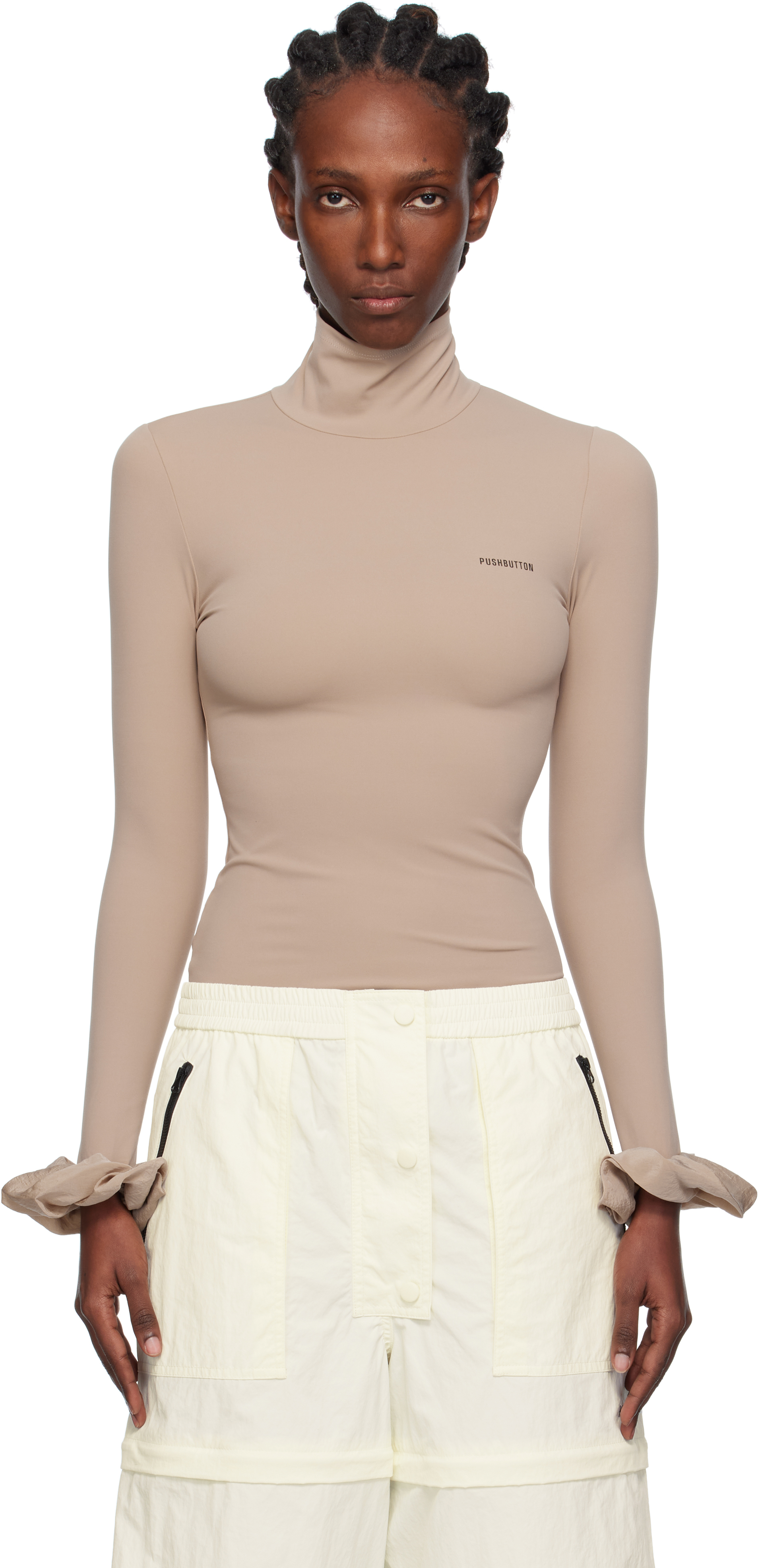 Pushbutton Beige Scrunchie Sleeve Jersey Turtleneck In Neutral